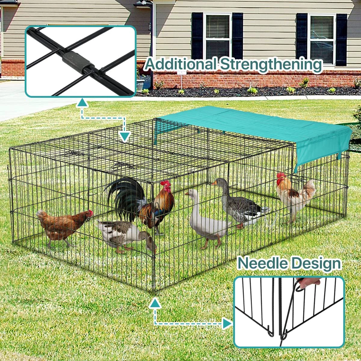 Dkeli Metal Chicken Coop Cage Walk-in Rabbit Enclosure Pen Outdoor Backyard Chicken Run Pen with Waterproof Cover for Rabbit Duck Hen, 72