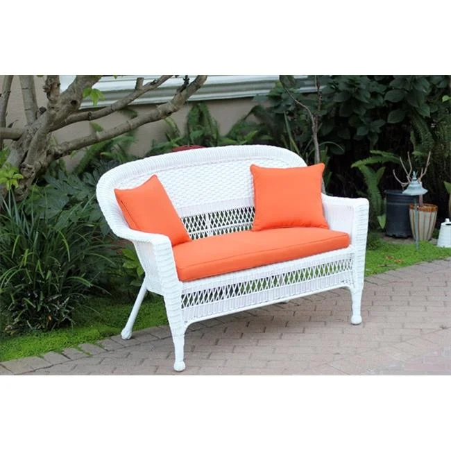 Jeco W00206-L-FS016-CL White Wicker Patio Love Seat With Orange Cushion And Pillows
