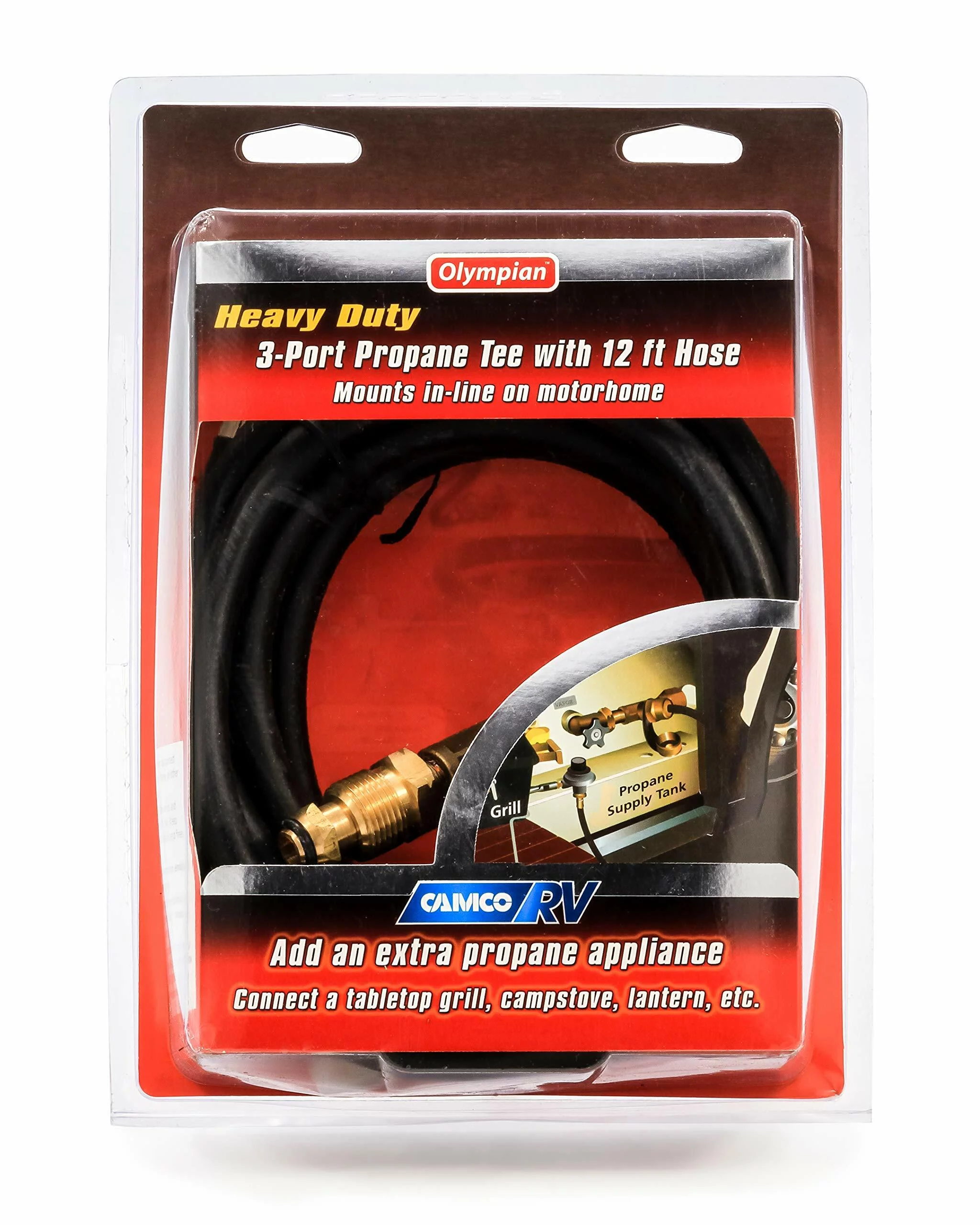 Camco Camper/RV Propane 3-Port Brass Tee with 12-Ft Propane Hose | Includes a Female POL, Excess Flow Soft Nose POL & 1