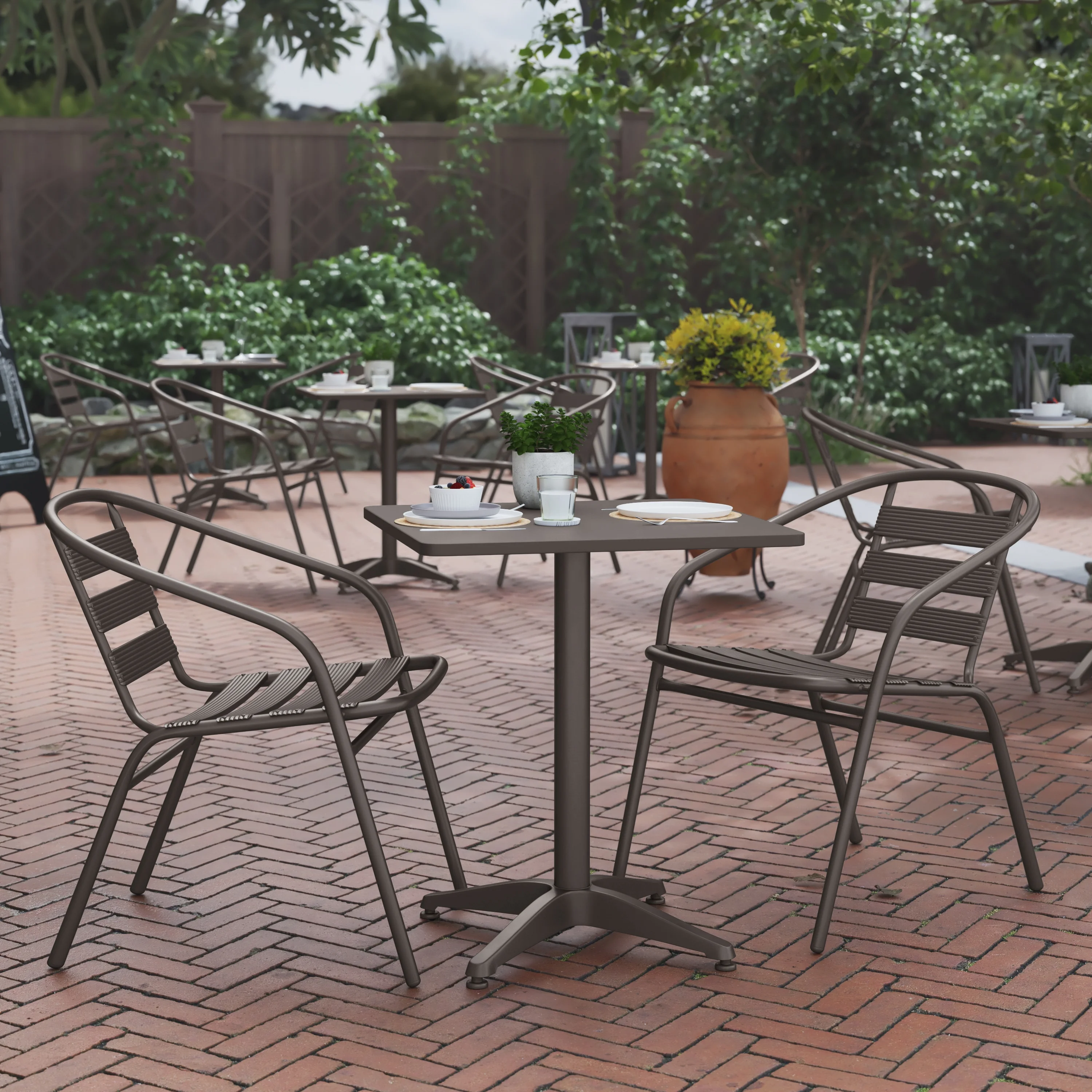 BizChair 23.5'' Bronze Square Aluminum Indoor-Outdoor Table Set with 2 Bronze Slat Back Chairs