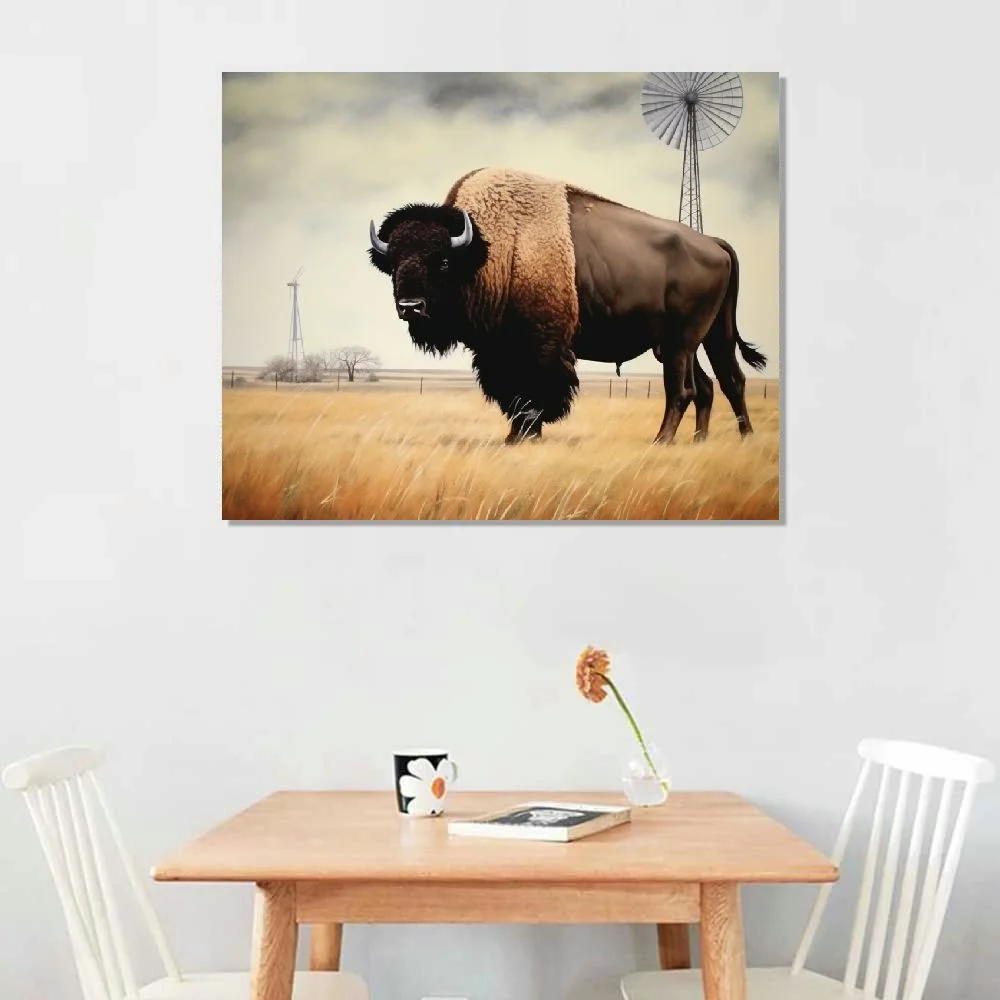 Nawypu The Bison by Lori Deiter 20x16 inch Framed Art Print Picture Buffalo Windmill Field Plains
