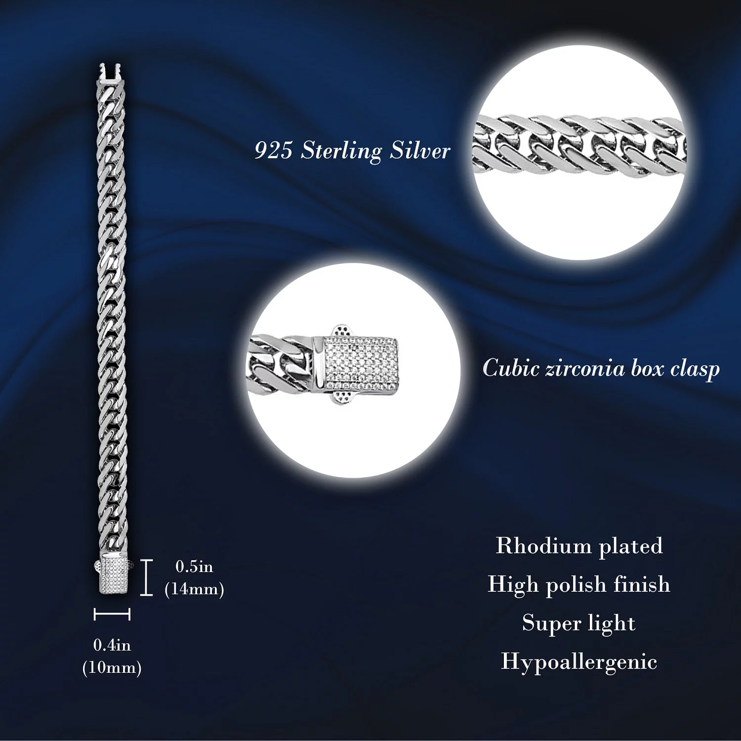 10mm 925 Sterling Silver Hollow Curb Chain Bracelet 8.4 in, Diamond Cut Flat Link Chain Bracelet for Men Zirconia Crystal Full Diamond Clasp