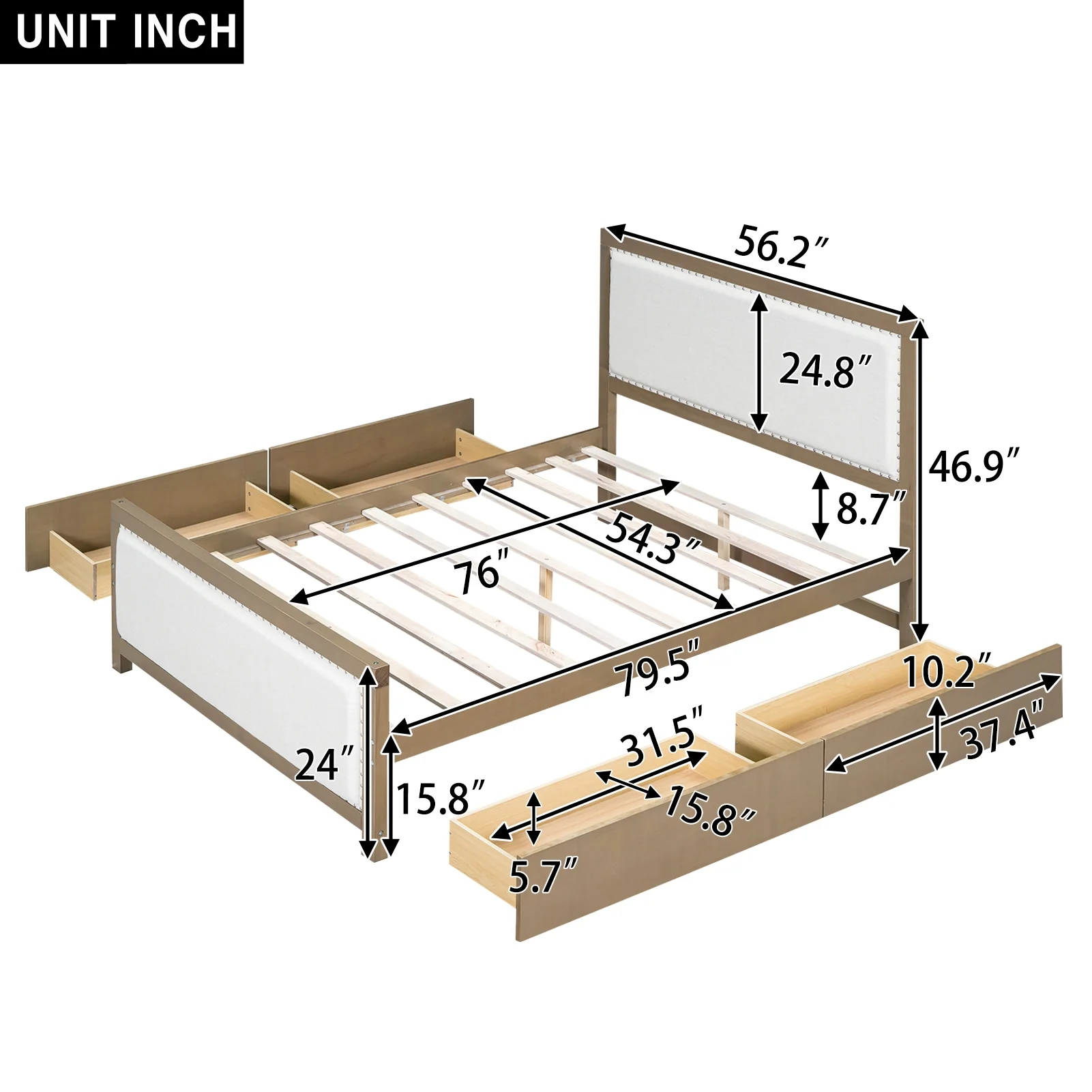 Churanty Full Size Platform Bed with 4 Drawers,Wood Bed Frame with Upholstered Headboard,Beige+Natural