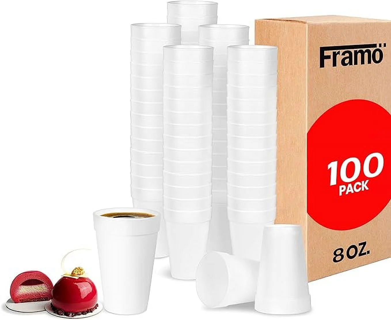 Framo 8 Oz Foam Cups 100 Pack Lightweight Insulated Foam Cups for Coffee, Disposable Drinking Cups
