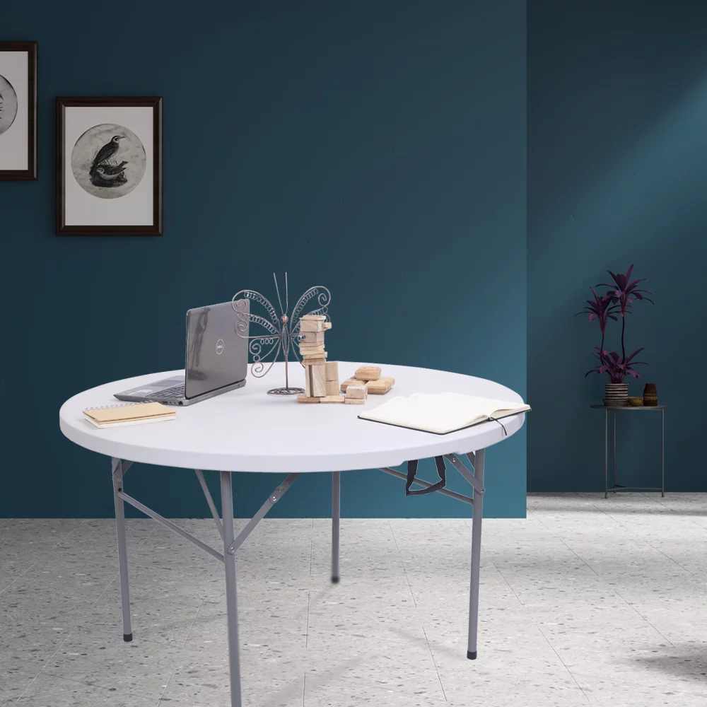 Patio Dining Table 48 Inch Fold-in-Half Round Folding Table Indoor Outdoor Utility Table with 4 Steel Feet,Carrying Handle,White