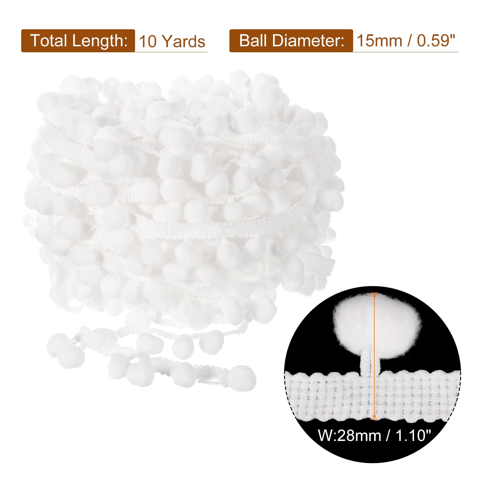 Uxcell 10 Yards Pom Pom Ball Fringe Trim Ribbon Sewing Trim DIY Crafts, 15mm White