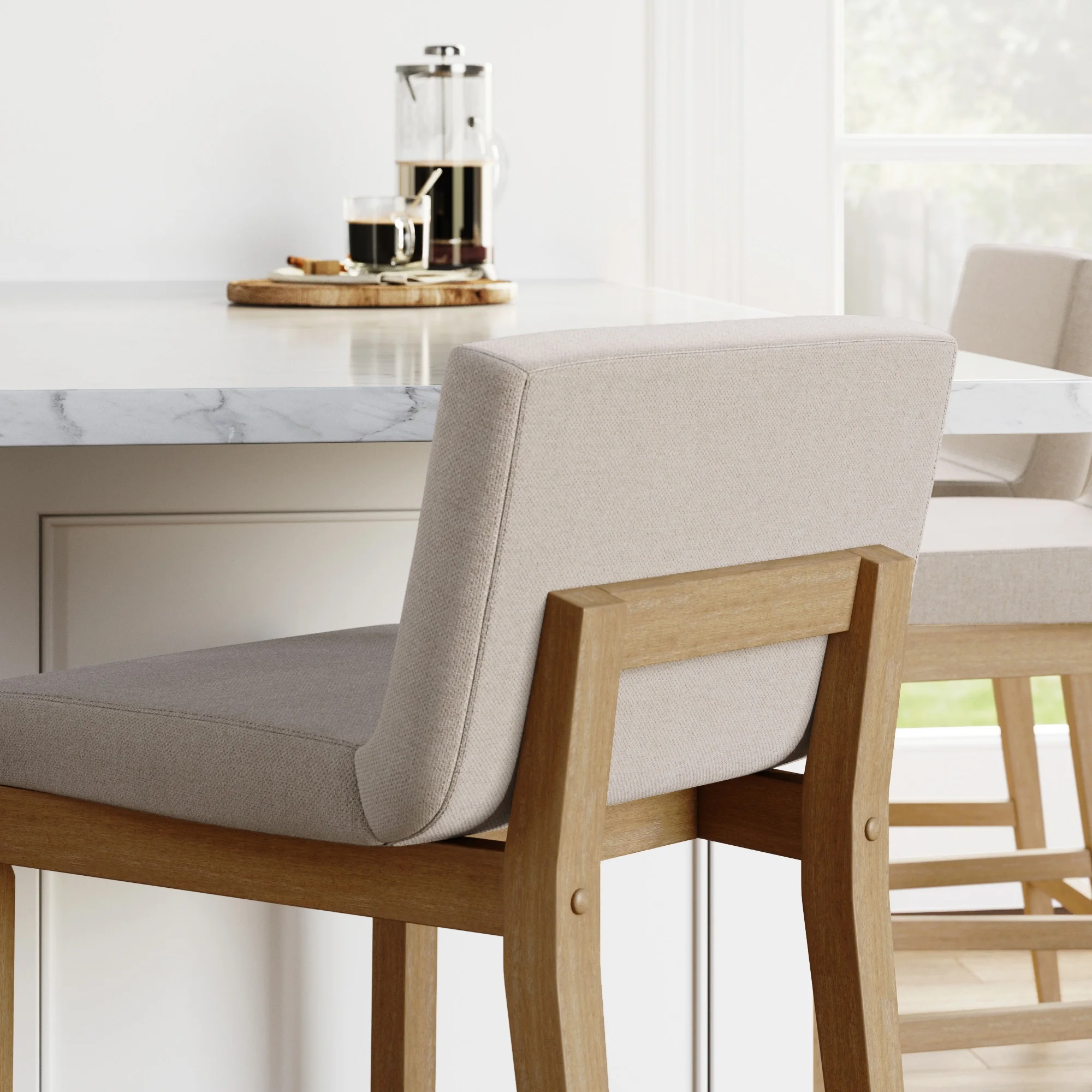 Nathan James Gracie Modern Counter Height Bar Stool with Back, Counter Stool Upholstered Chair with Natural Flax White Fabric and Brushed Wooden Legs