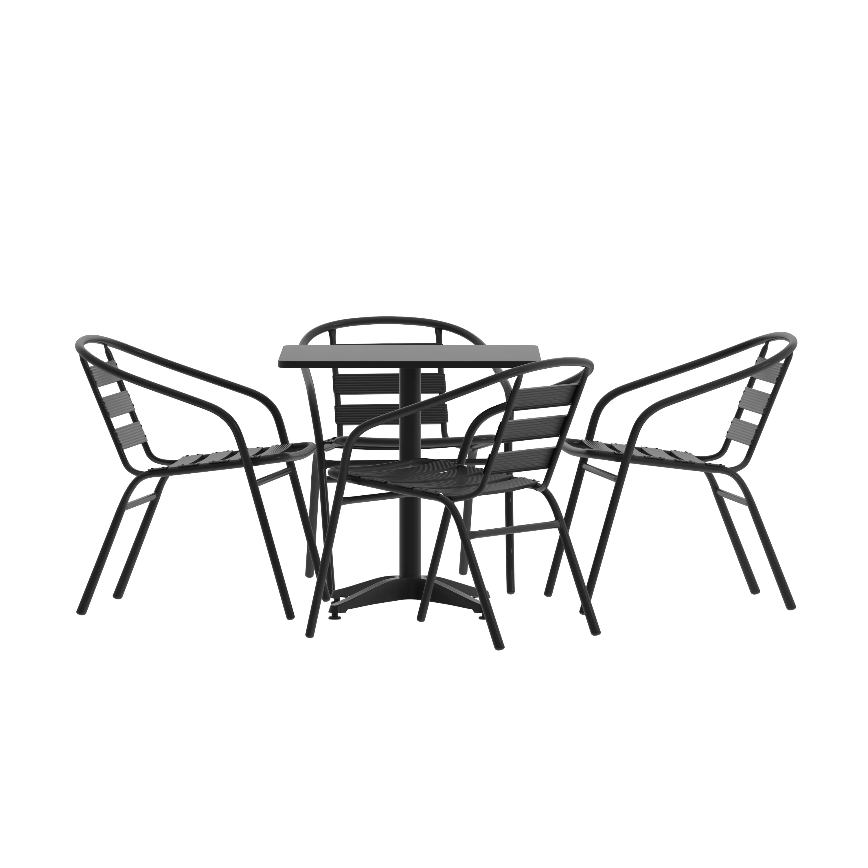 BizChair 27.5'' Black Square Aluminum Indoor-Outdoor Table Set with 4 Black Slat Back Chairs