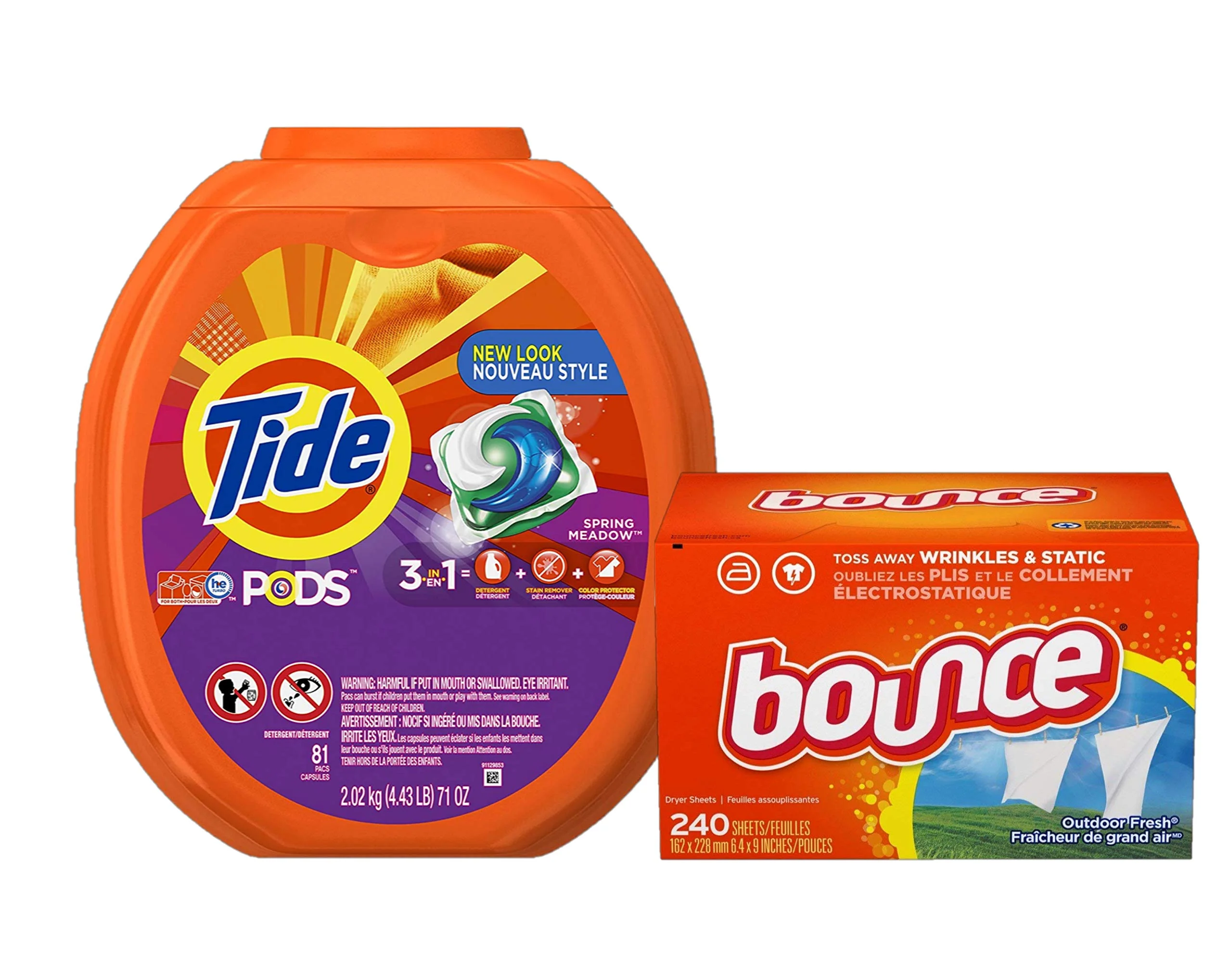 Tide Pods Spring Meadow Scent He Turbo Laundry Detergent Pacs, 81 Count & Bounce Fabric Softener Sheets, Outdoor Fresh, 240 Count Bundle