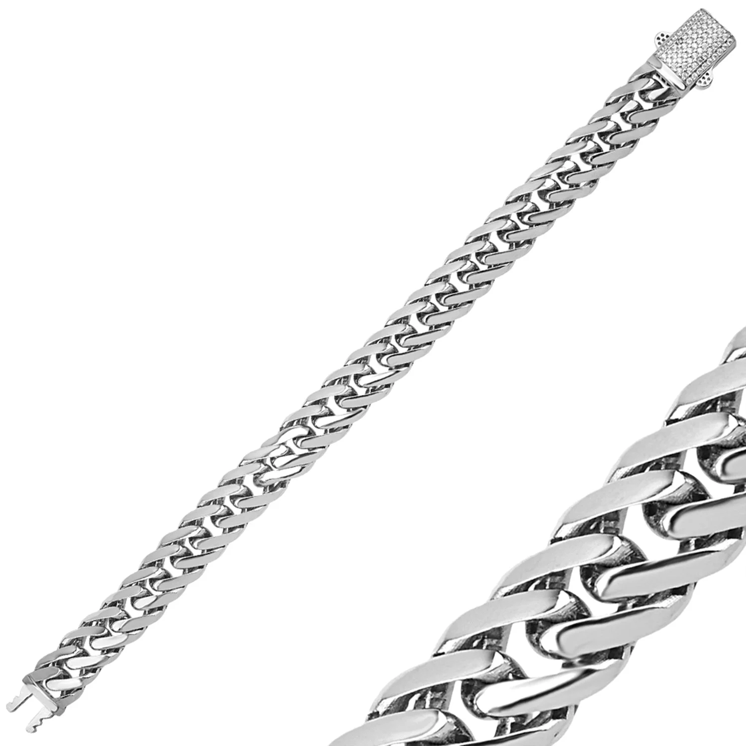 10mm 925 Sterling Silver Hollow Curb Chain Bracelet 8.4 in, Diamond Cut Flat Link Chain Bracelet for Men Zirconia Crystal Full Diamond Clasp