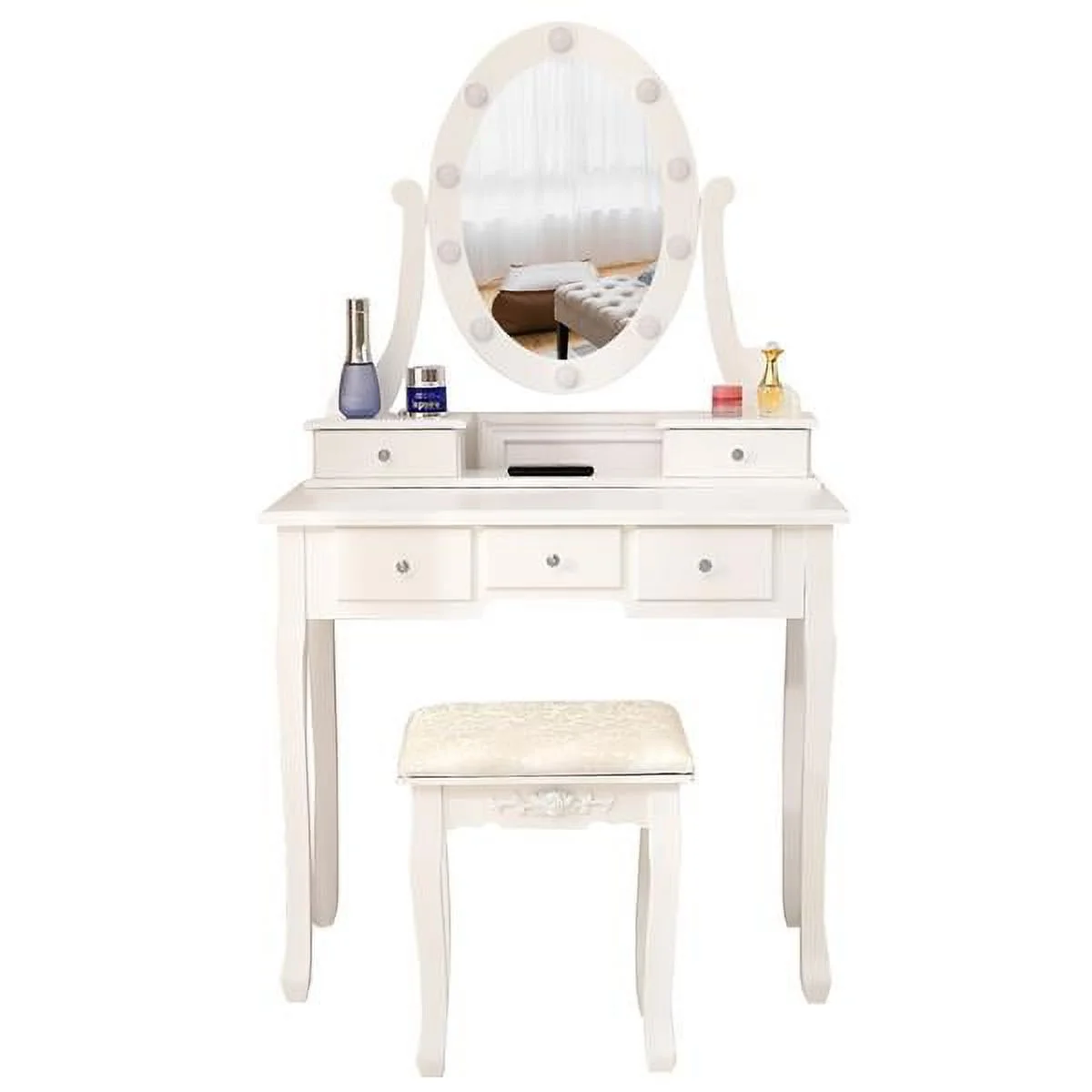SYTHERS White Dressing Table 360-Degree Rotation LED Mirror 5 Drawers Vantiy Set for Adult Girls