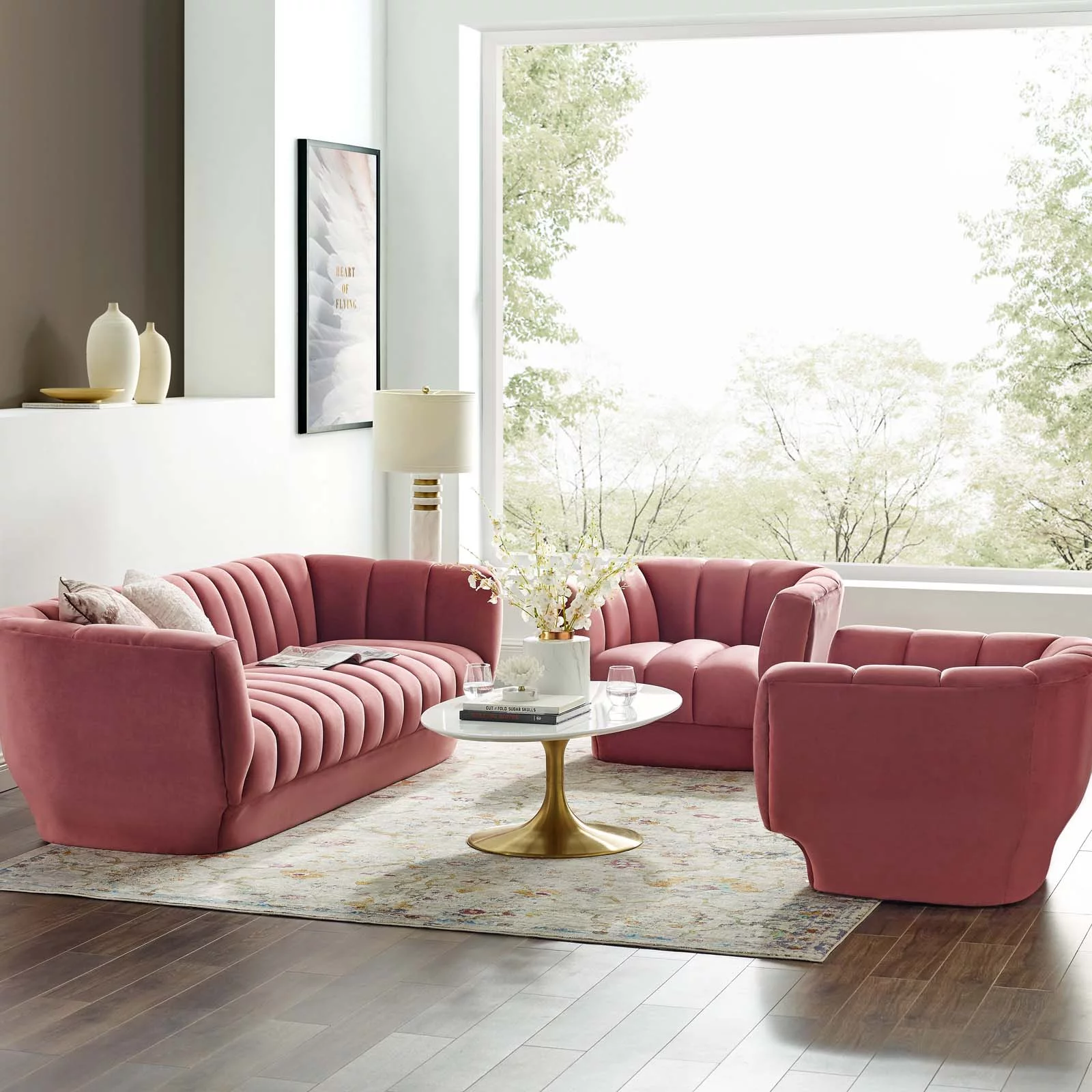 Modway Entertain Vertical Channel Tufted Performance Velvet 3 Piece Set in Dusty Rose