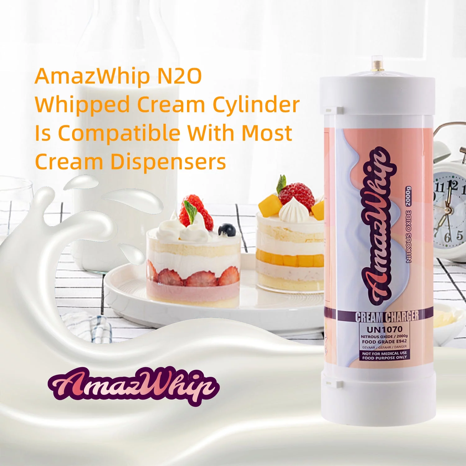 AmazWhip 2000G Whipped Cream Charger, 3.3L Cream Charger Tanks (2 Cylinders)