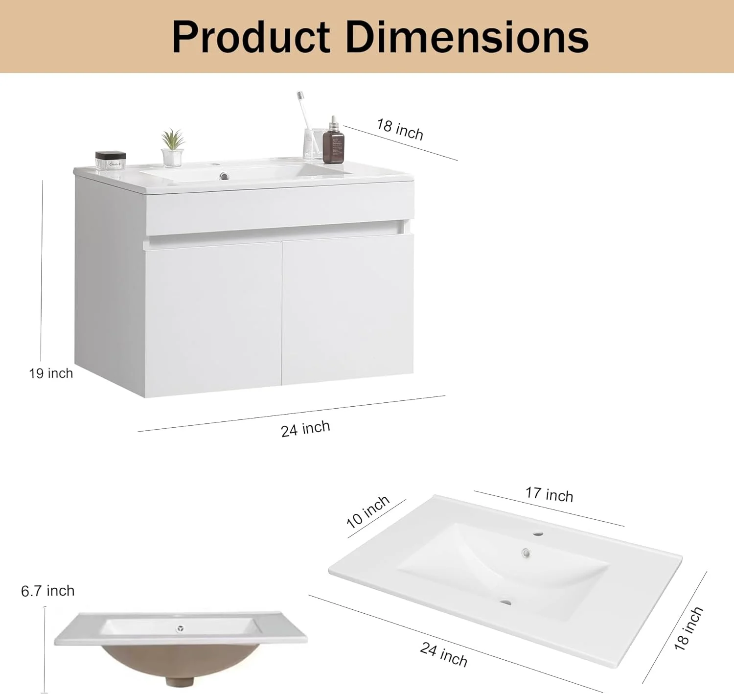 20 Inch Bathroom Vanity with Sink, Bathroom Storage Vanity Cabinet with White Ceramic Basin, 2 Doors Solid Wood, Excluding Faucets, Wall Mounted, Black