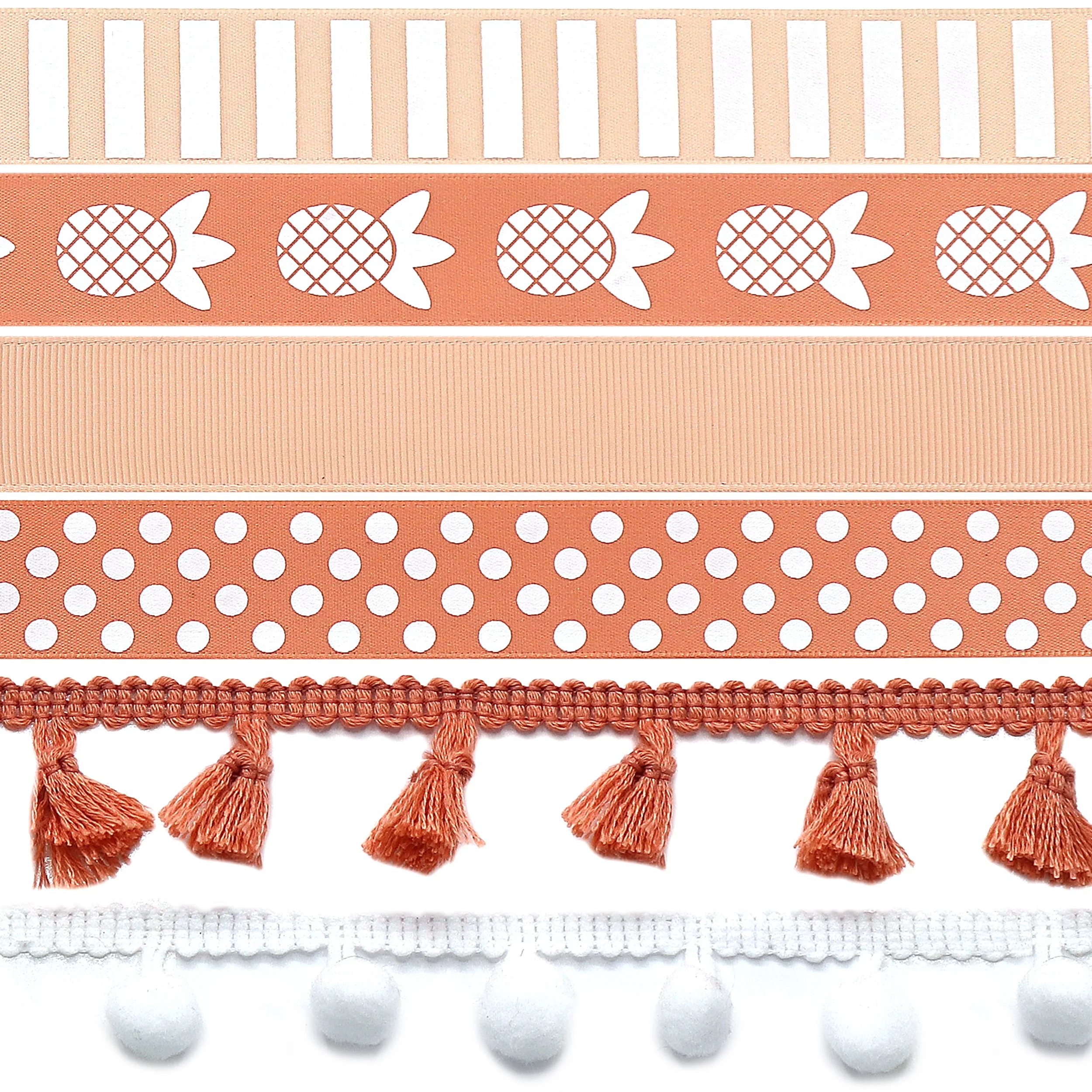 Pom-Pom, Fringe Trim and Ribbon Pack, 16 Yards, Peach and White by Gwen Studios