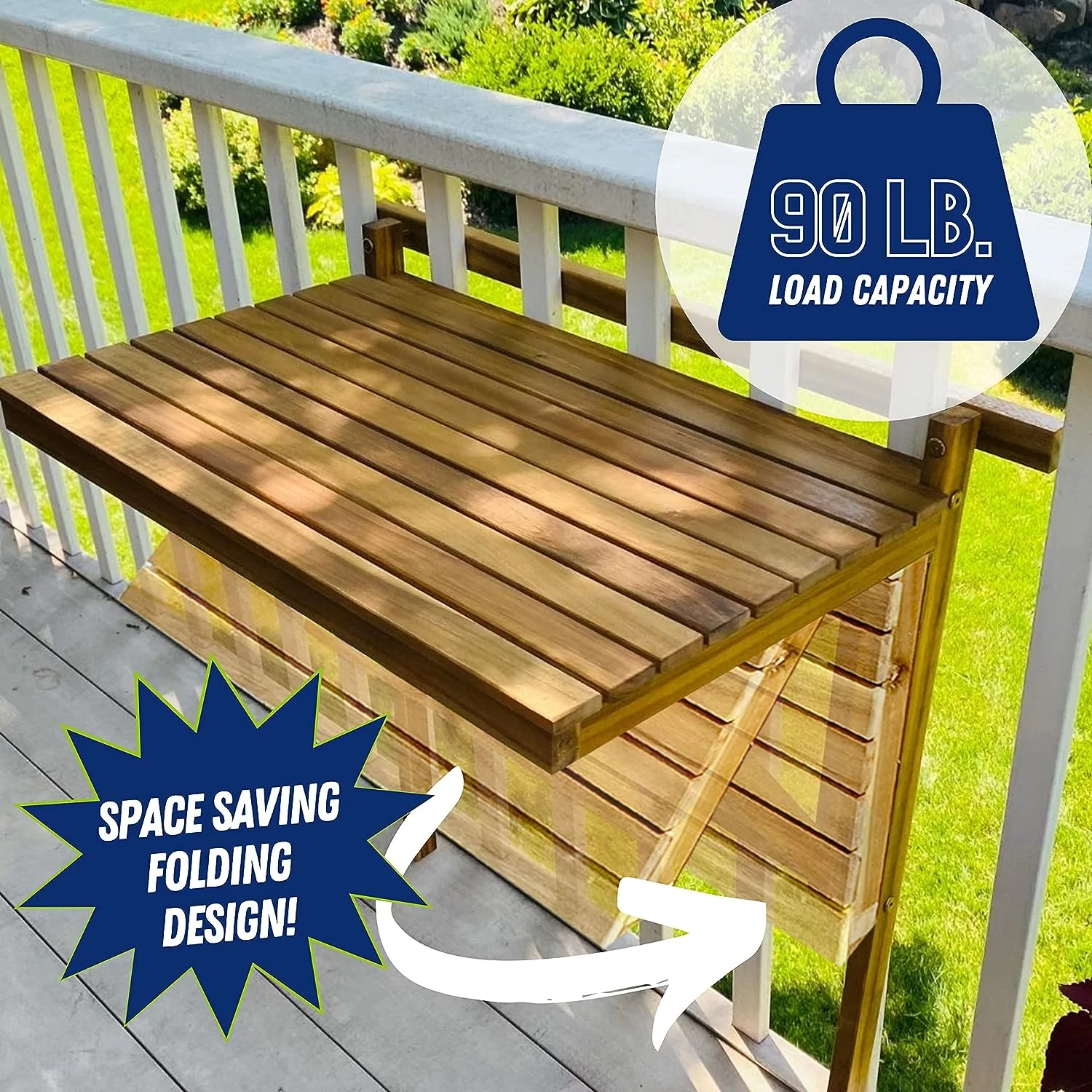 Outdoor Folding Balcony Table, Foldable Acacia Wood Deck Bar, Portable Apartment, Balcony, Railing, & Porch Furniture, 27-Inches W x 15 3/4-Inches D x 31.97-Inches H, Teak