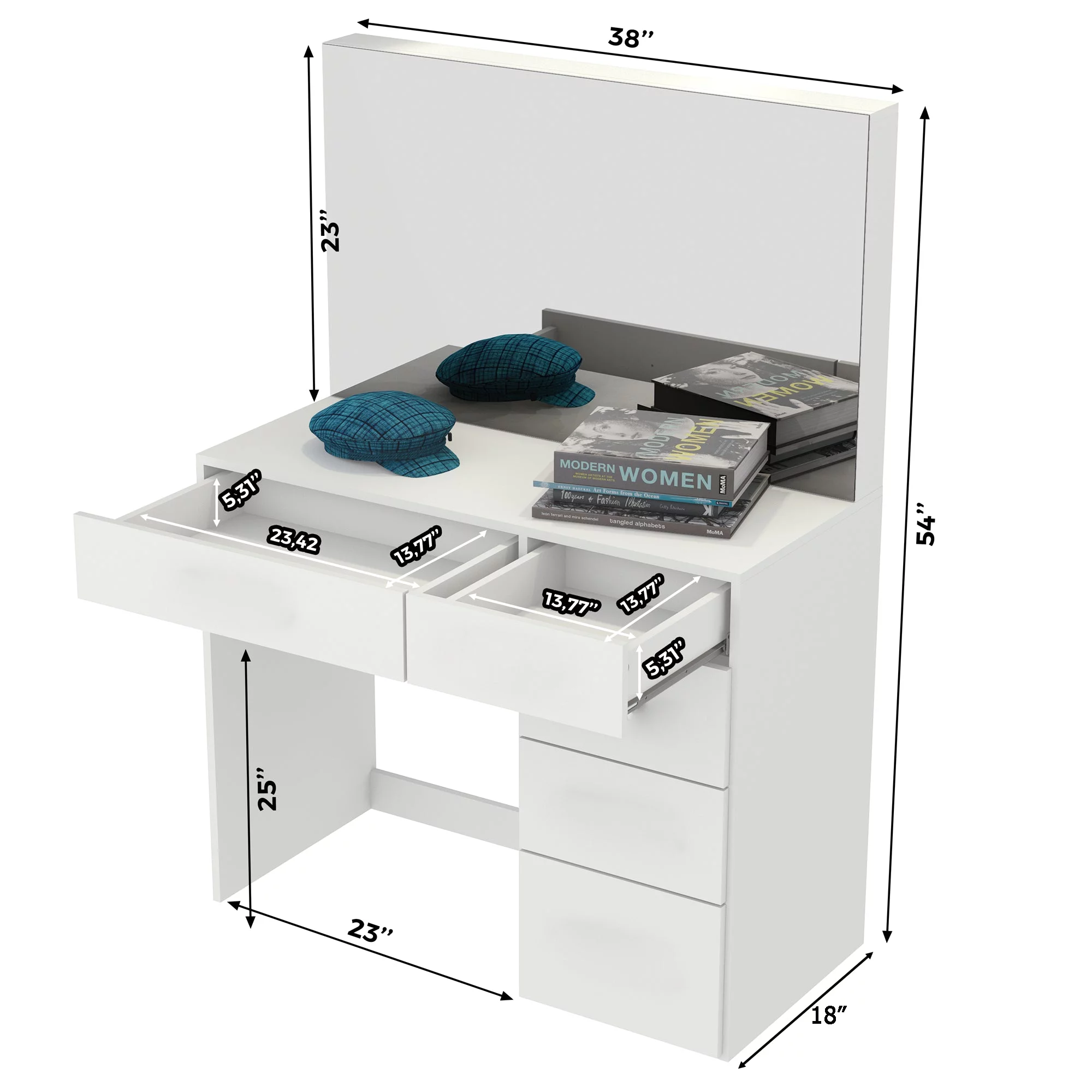 Boahaus Amelia PRO Modern Vanity Desk with 5 Drawers, Lights, Golden Knobs, Wide Mirror, White
