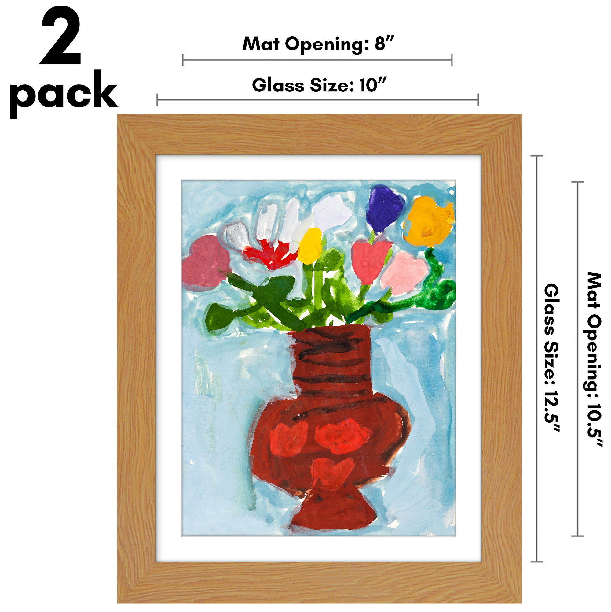 Americanflat Set of 2 Frame for Kids Art 10x12.5 inches with 8.5x11 inches Mat - Wood with Glass - Oak