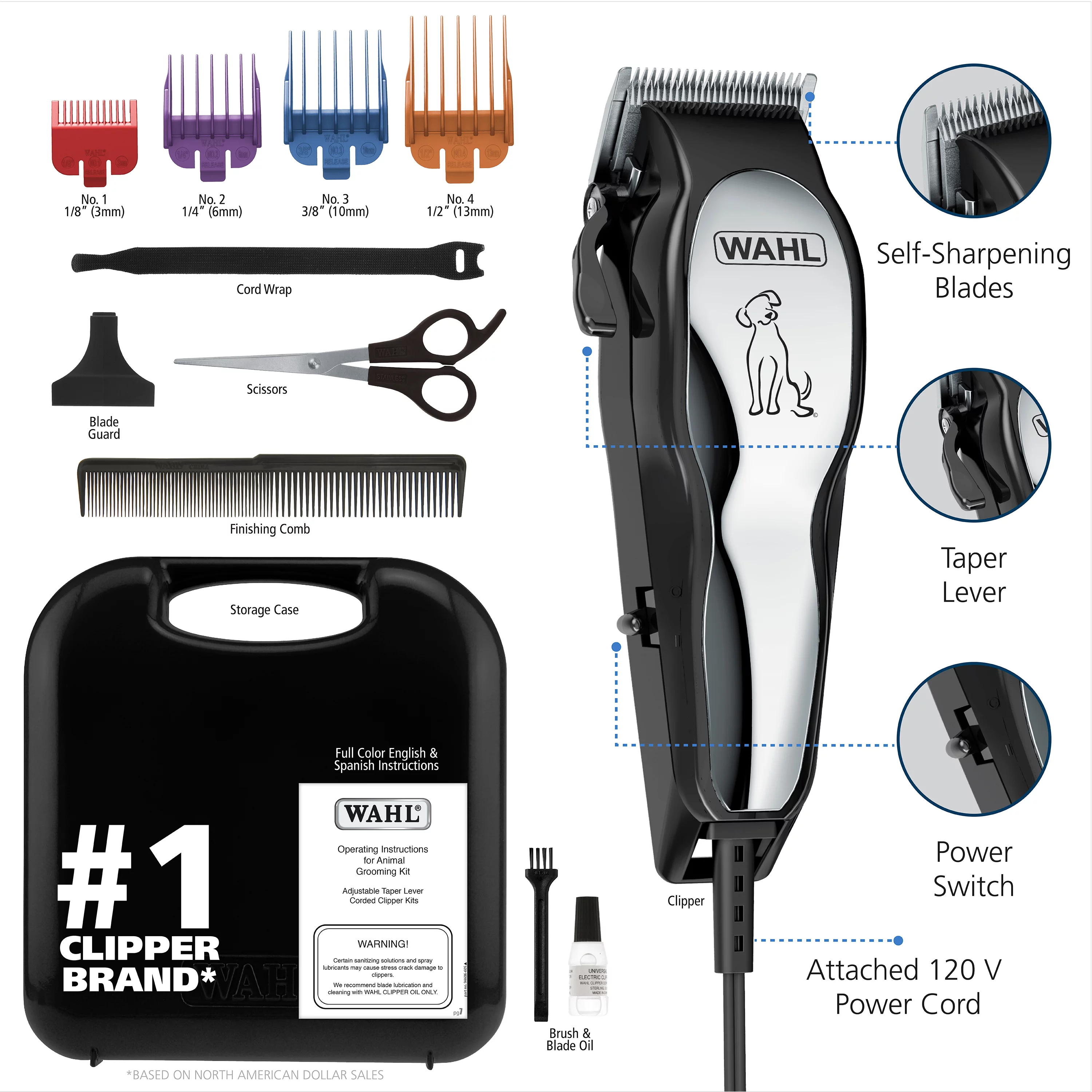 Wahl Pet-Pro, Complete Dog Hair Cutting Clipper Kit Model 9281-210, Silver/Black