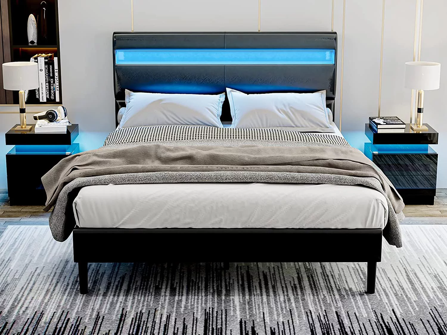 IKIFLY Black Modern LED Nightstand with 2 Drawers/High Gloss Bedside Tables with Changing LED Lights/End Side Table for Bedroom Living Room Furniture - Black