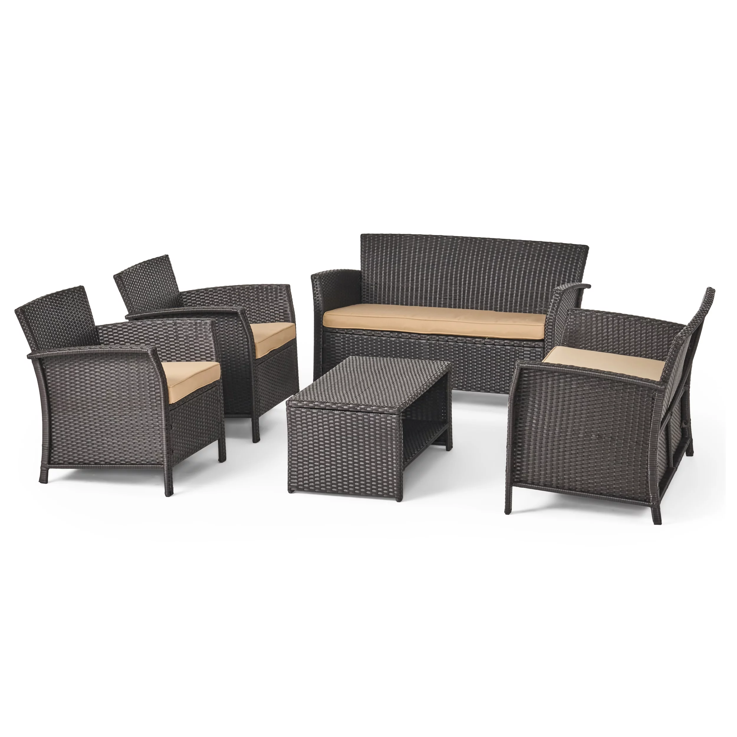 GDF Studio Raina Outdoor Wicker 6 Seater Chat Set with Cushions, Brown and Tan