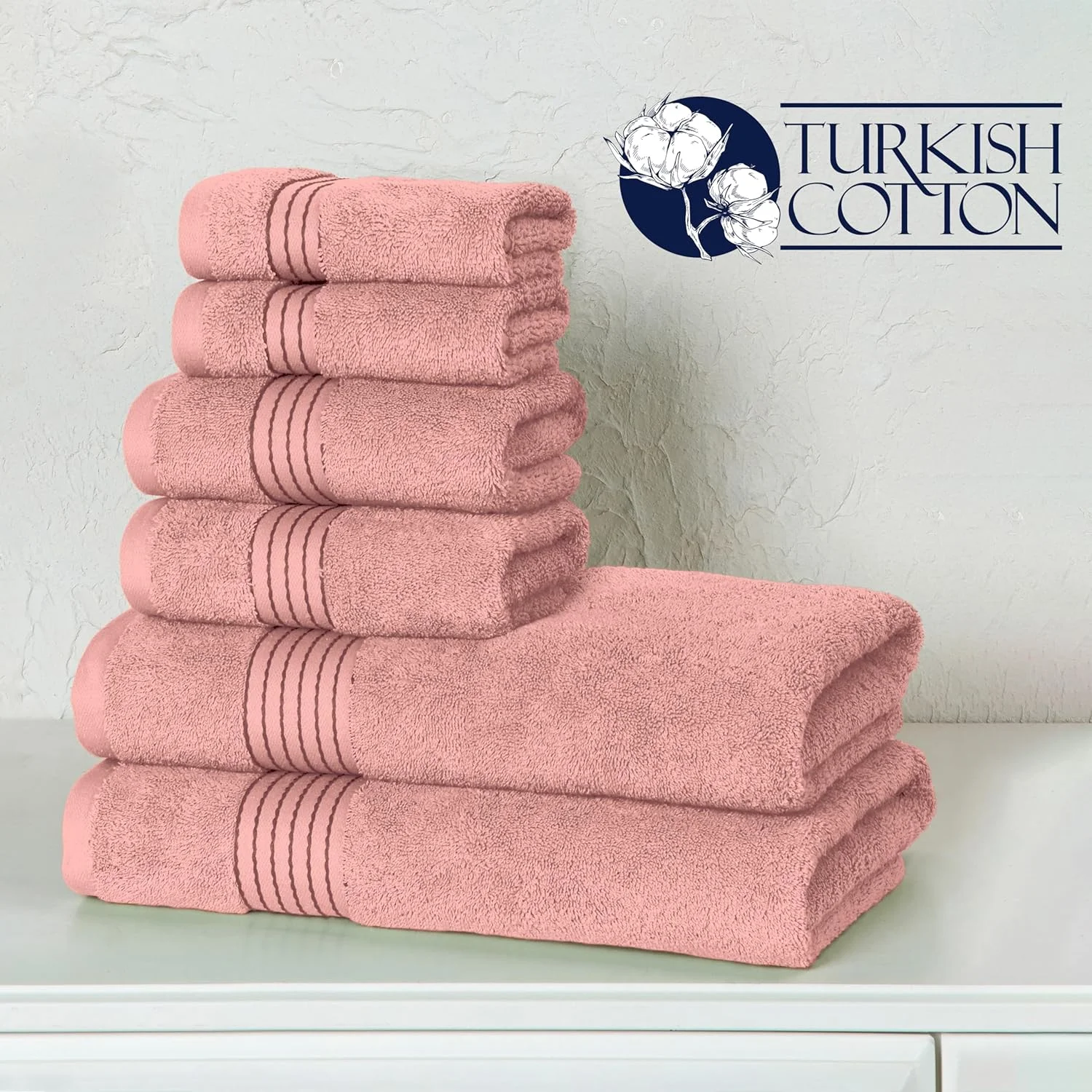 Discount Cotton 6-Piece Towel Set, Includes 2 Washcloths, 2 Hand Towels and 2 Bath Towels, 100% Turkish Cotton - Highly Absorbent and Super Soft Towels for Bathroom, Dusty Rose