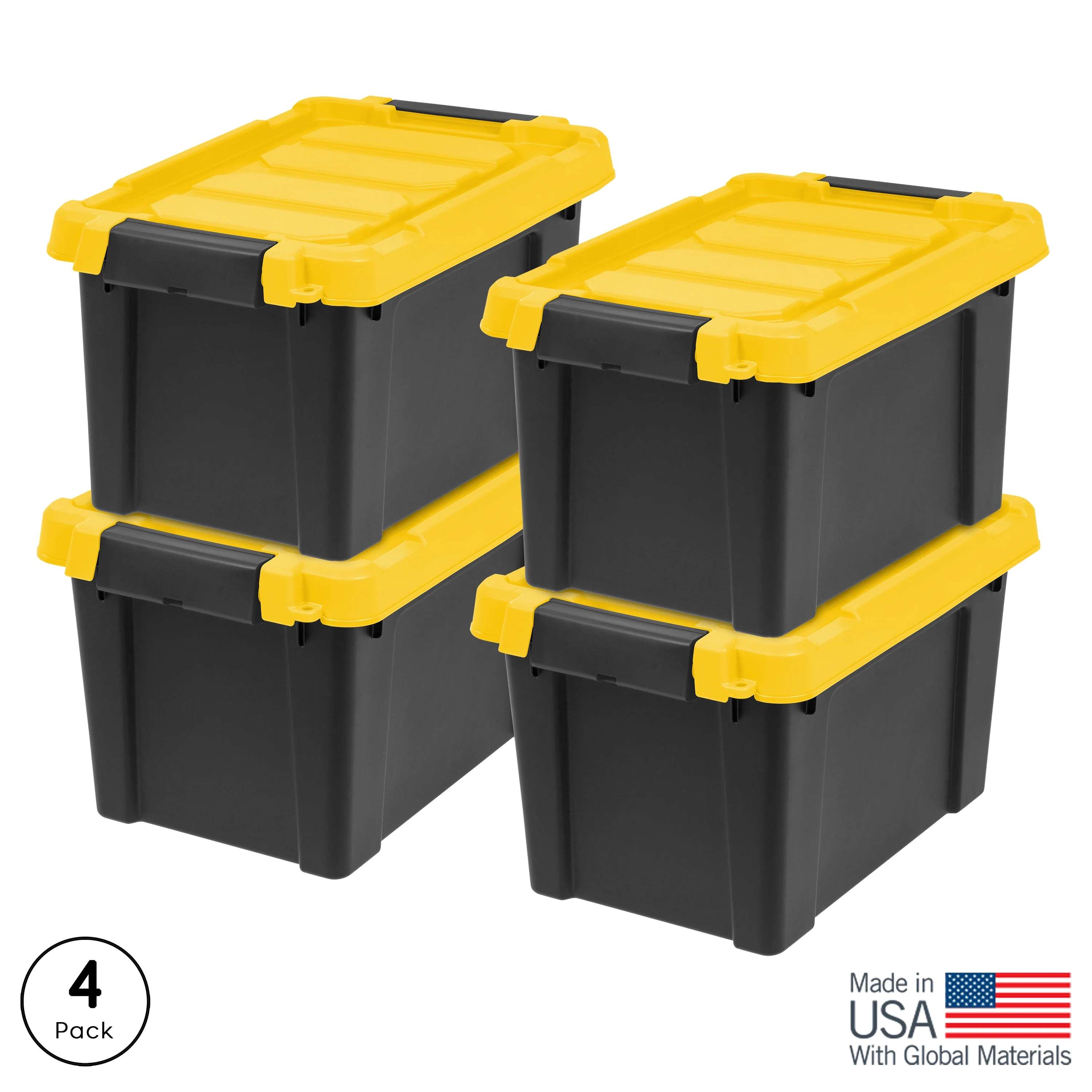 IRIS USA, 5 Gallon Heavy Duty, Latching Plastic Storage Box, Black,Yellow Set of 4