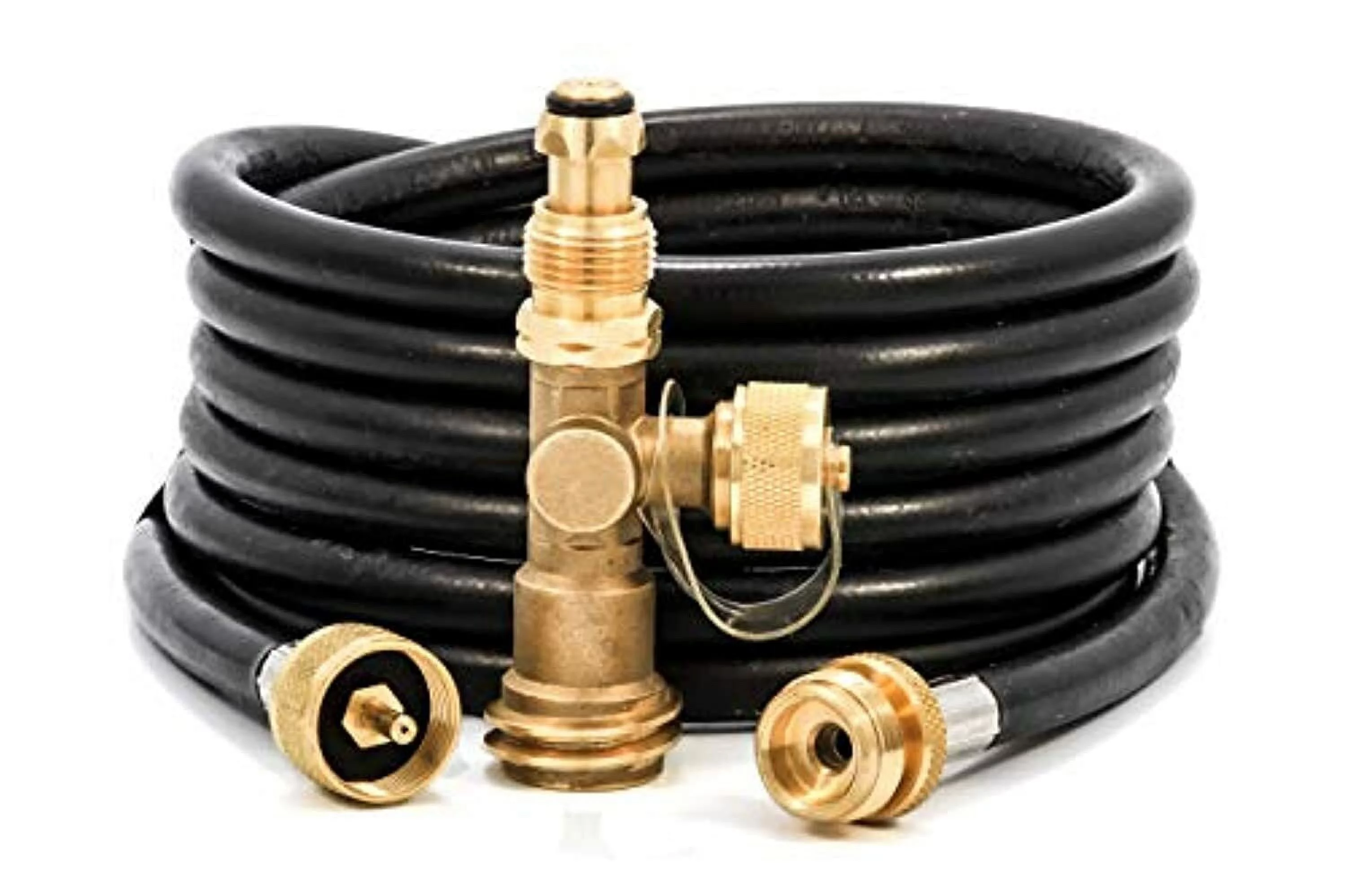 Camco Camper/RV Propane 3-Port Brass Tee with 12-Ft Propane Hose | Includes a Female POL, Excess Flow Soft Nose POL & 1