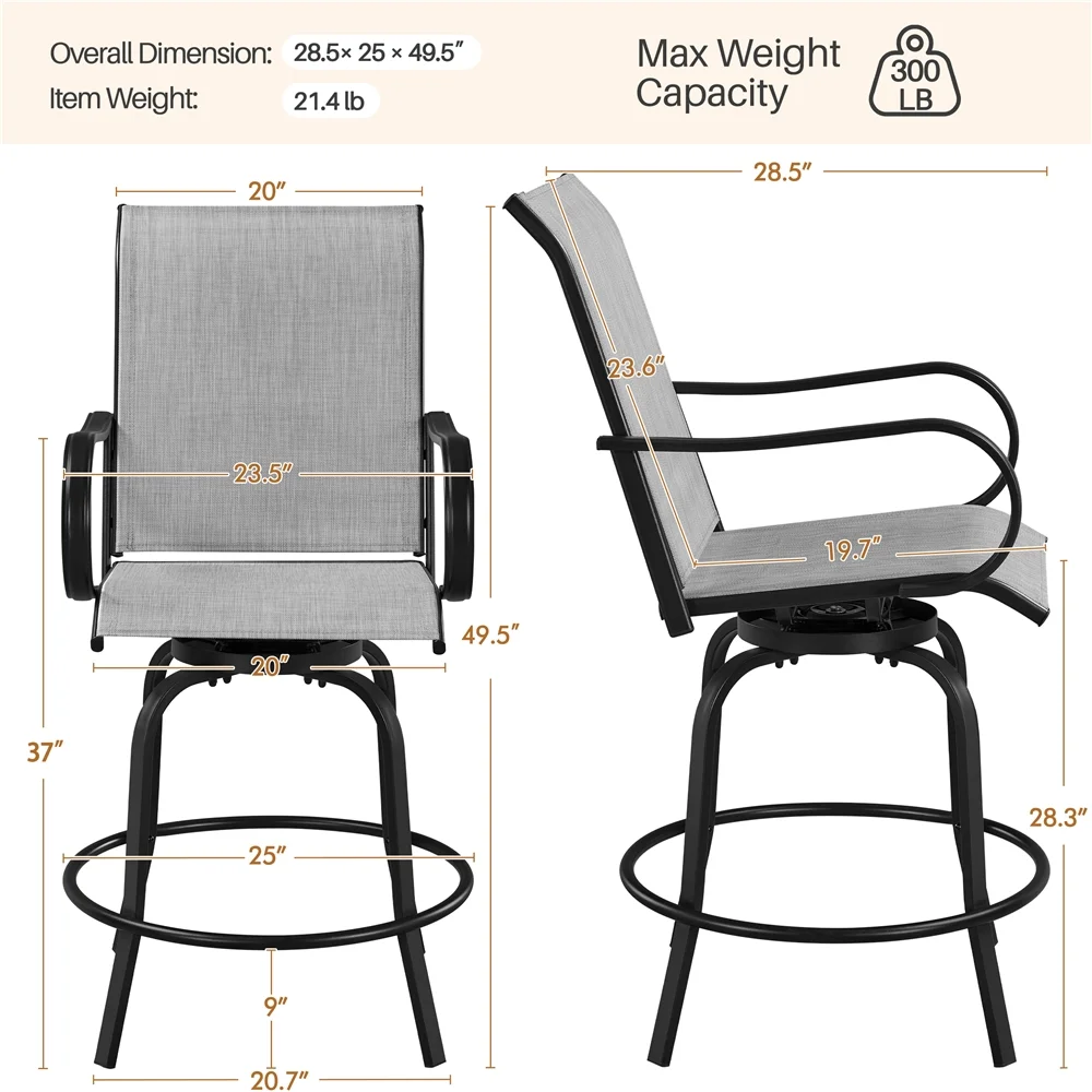 Yaheetech Outdoor Swivel Texteline Bar Stools with Armrest and Footrest, Set of 2, Black/Light Gray