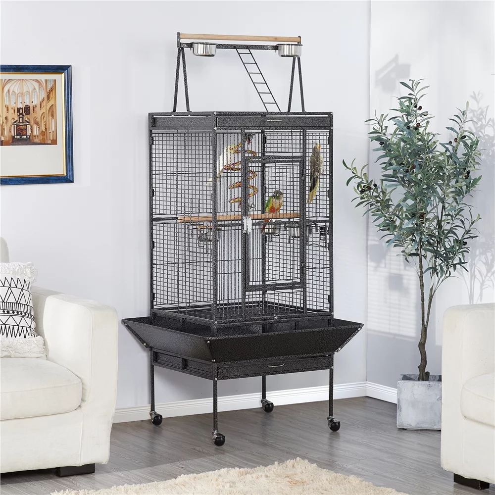Topeakmart 68.5'' Play Top Parrot Cage Metal Rolling Birdcage, Black
