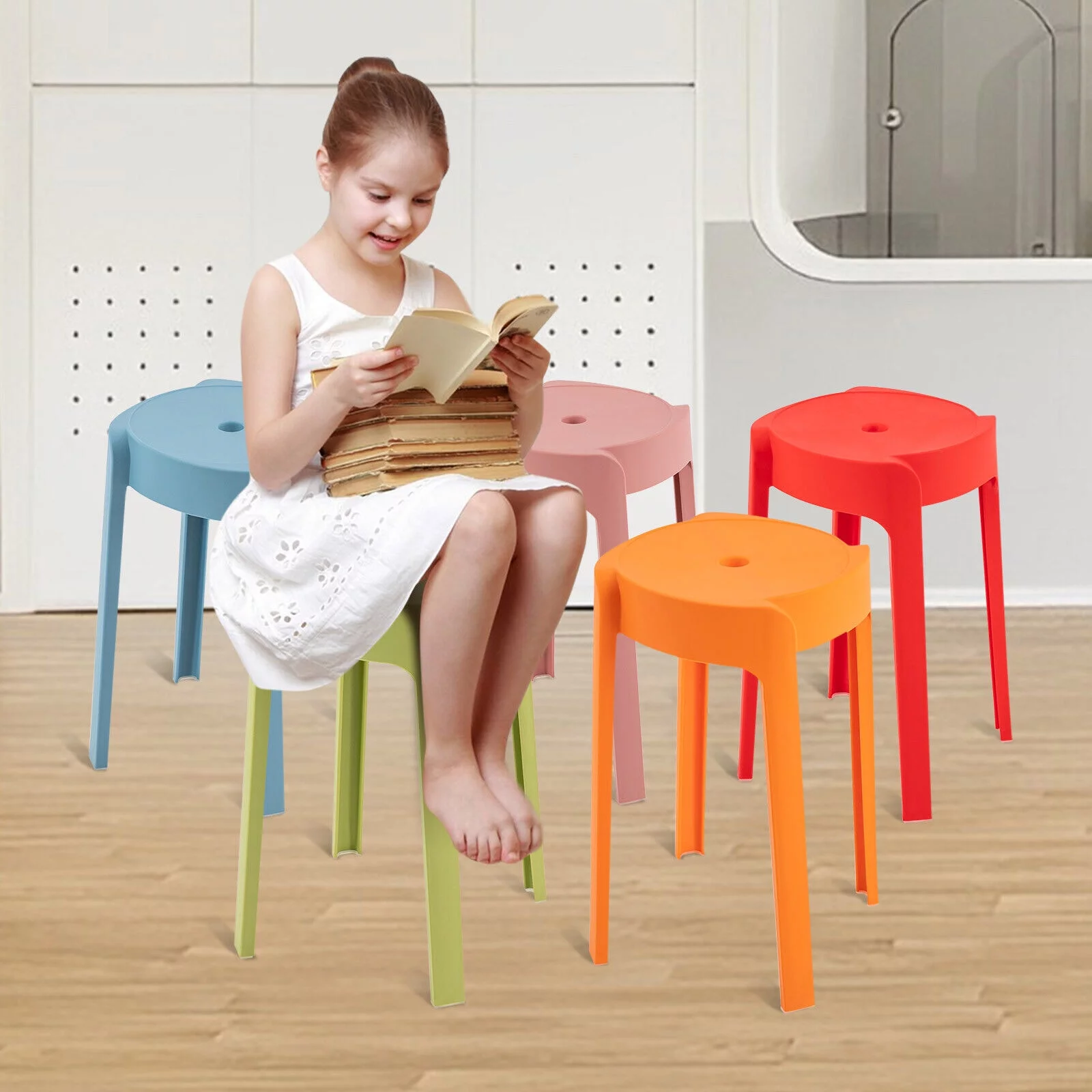 Miumaeov 5Pcs Round Plastic Stack Stools 18 Inch Portable Stackable Chairs Backless Bar Stools Colorful Nesting Decorative Stool for Home,Office,School