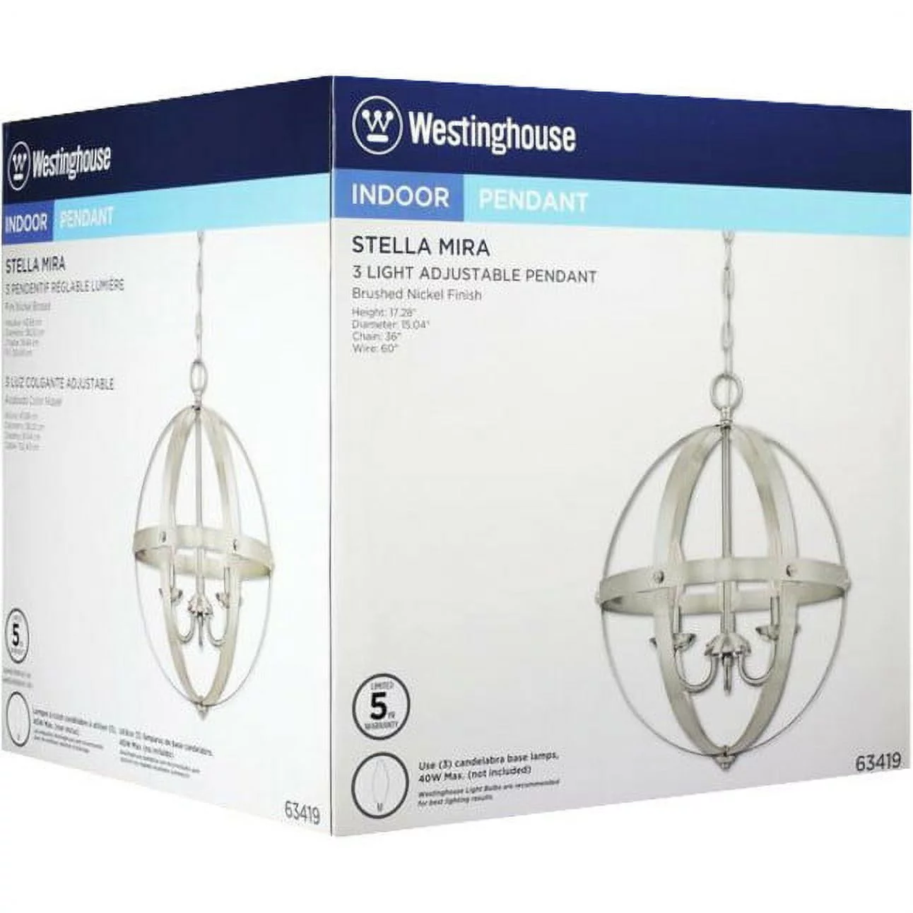 Westinghouse 6341900 Stella Mira Three-Light Indoor Chandelier, Brushed Nickel Finish