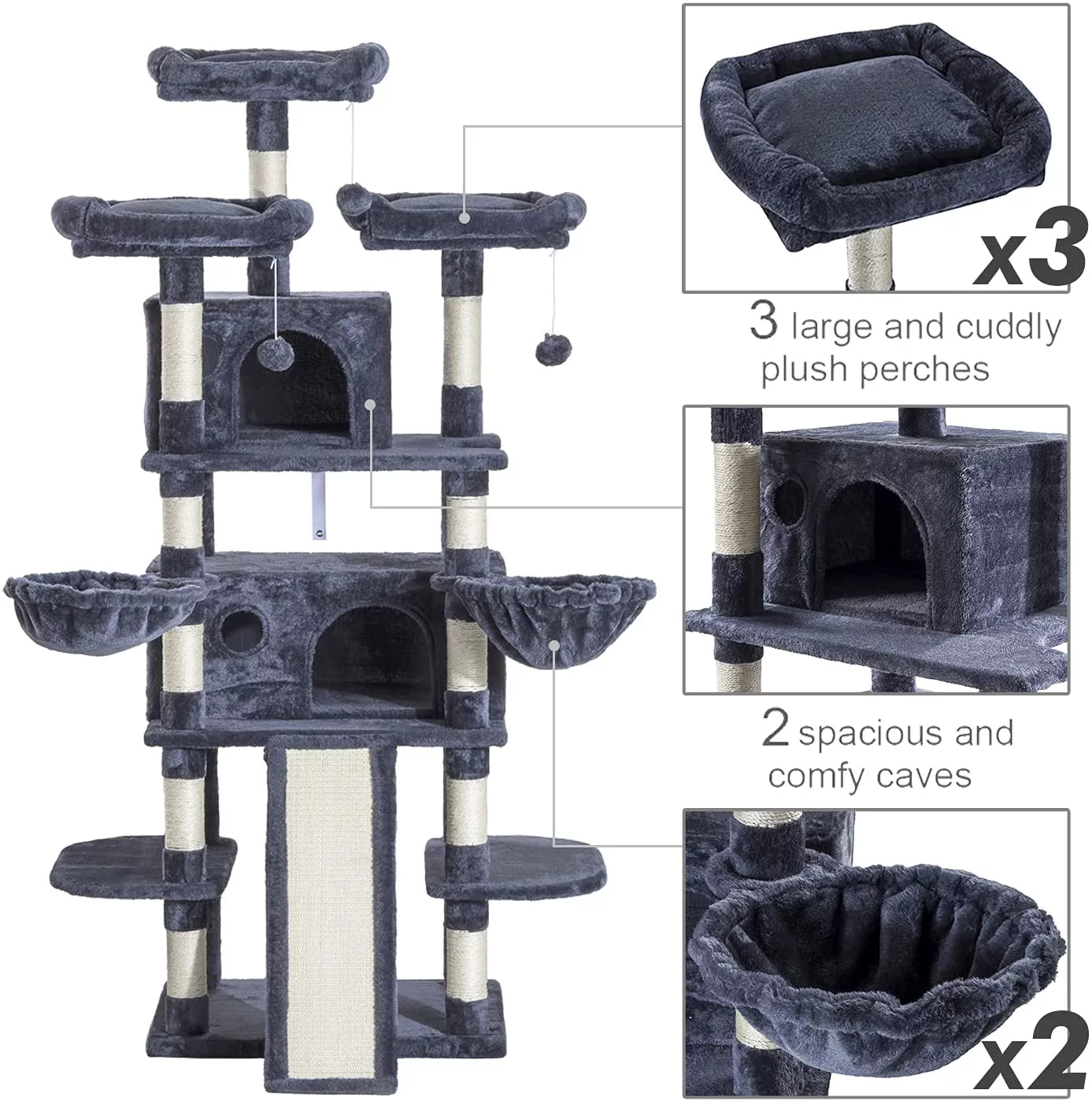 Sha Cerlin 68'' Bluish-grey Cat Tree and Tower for Large Adult Cats with Sisal Scratching Posts, Multi Level