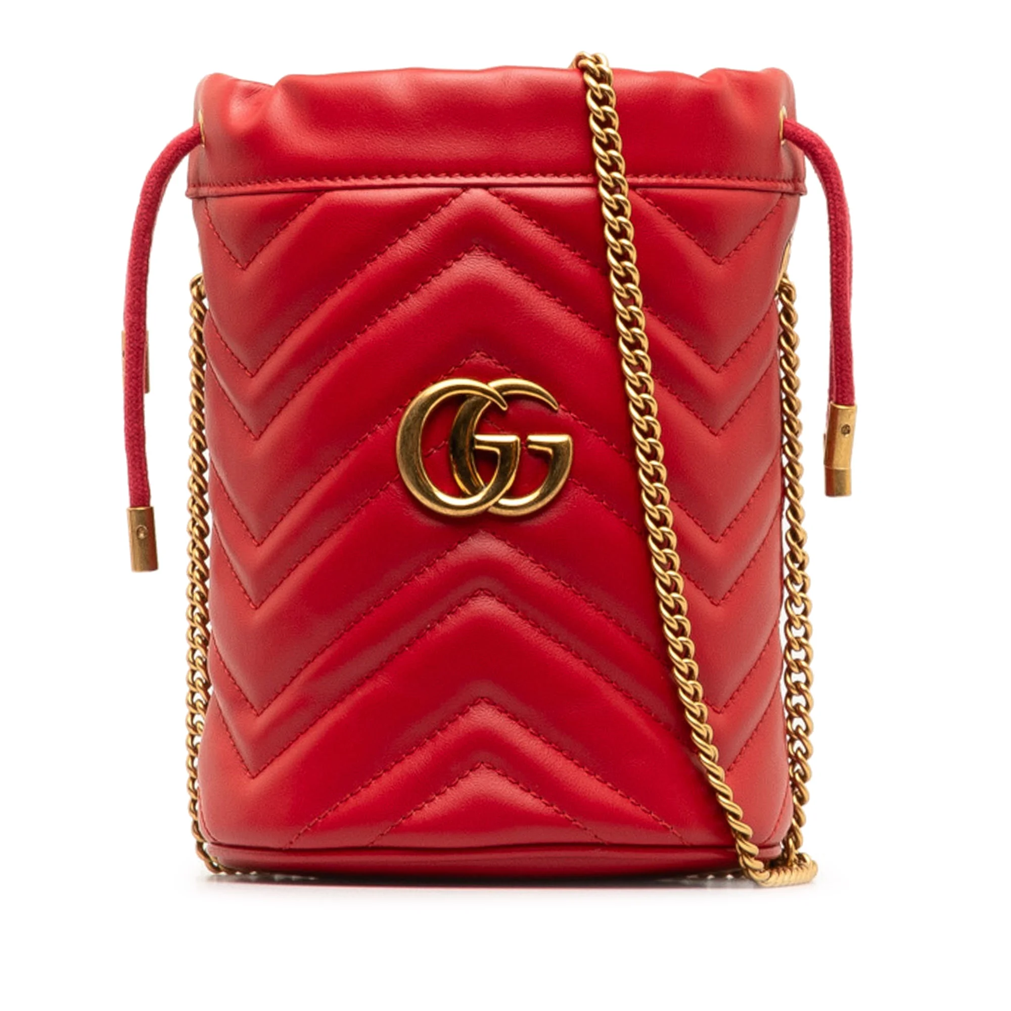 Pre-Owned Authenticated Gucci Mini GG Marmont Matelasse Bucket Bag Calf Leather Red DrawstringBag Unisex (Good)