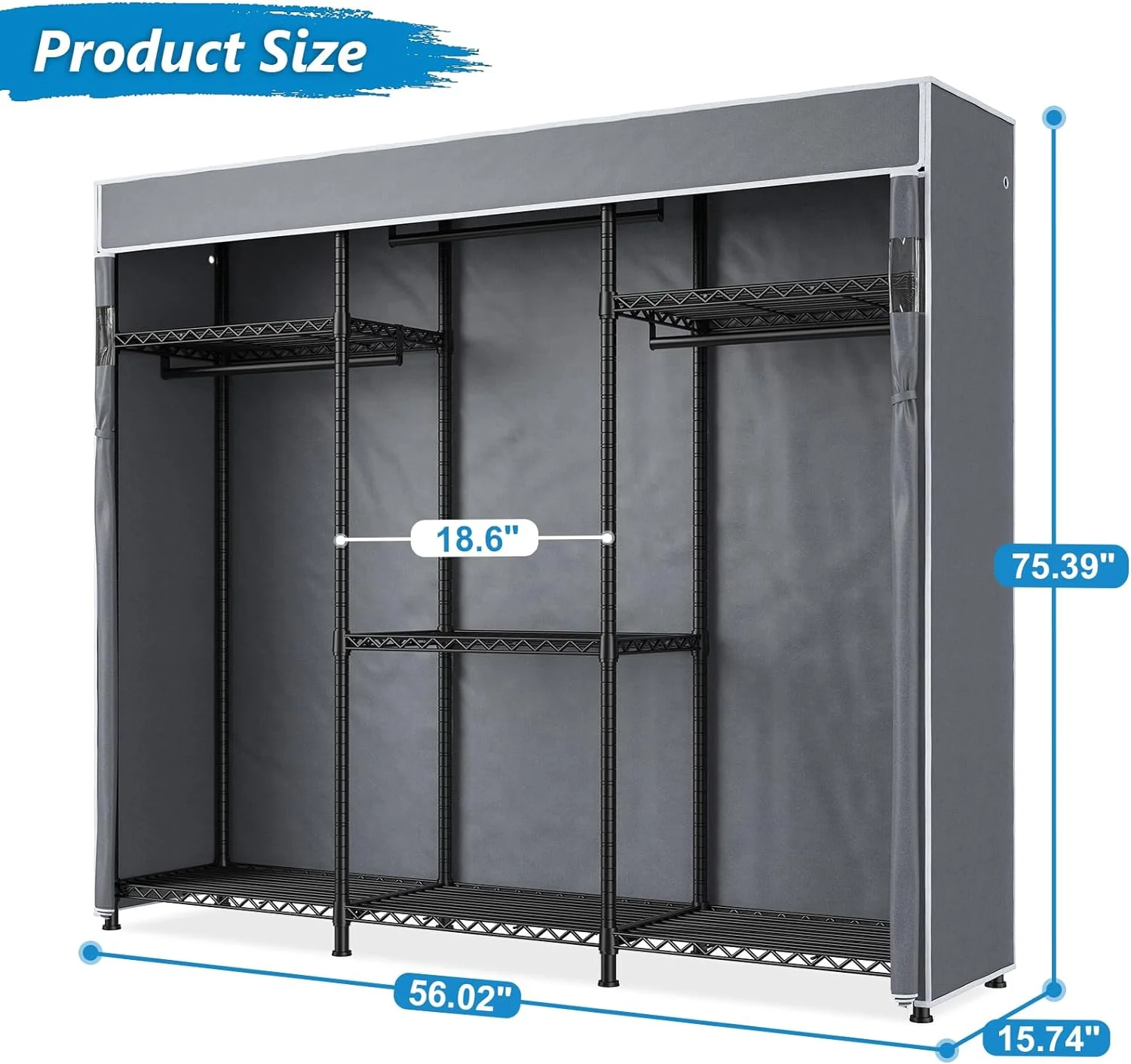 ONKER Clothes Rack, Clothing Rack with Cover Loads 795 LBS Clothing Racks for Hanging Clothes Portable Wadrobe Closet Heavy Duty Clothes Rack Wire Garment Rack 56