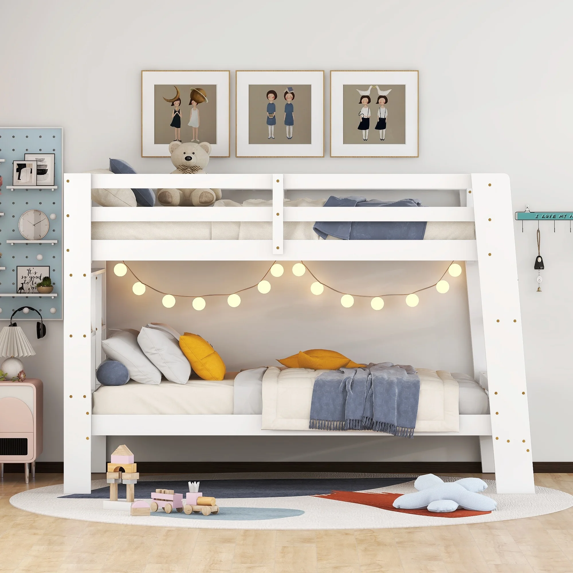 EUROCO Twin over Twin Bunk Bed with Storage Cabinets and Shelves, White