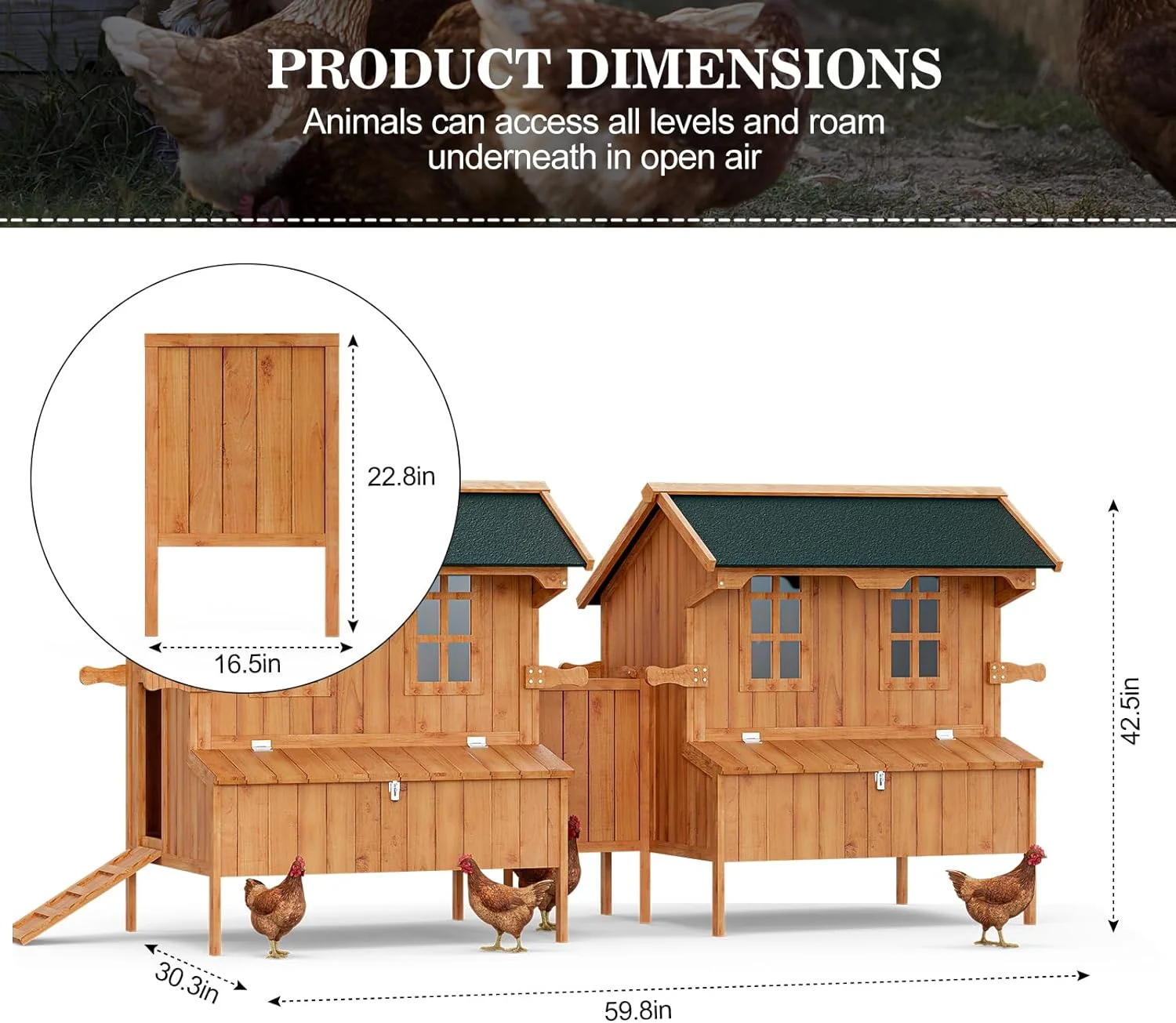 Oarlike Chicken Coop Wooden Outdoor Chicken Hen House with Nesting Box and Leakproof Pull-on Tray, Poultry Cage Duck Coop with Waterproof Roof