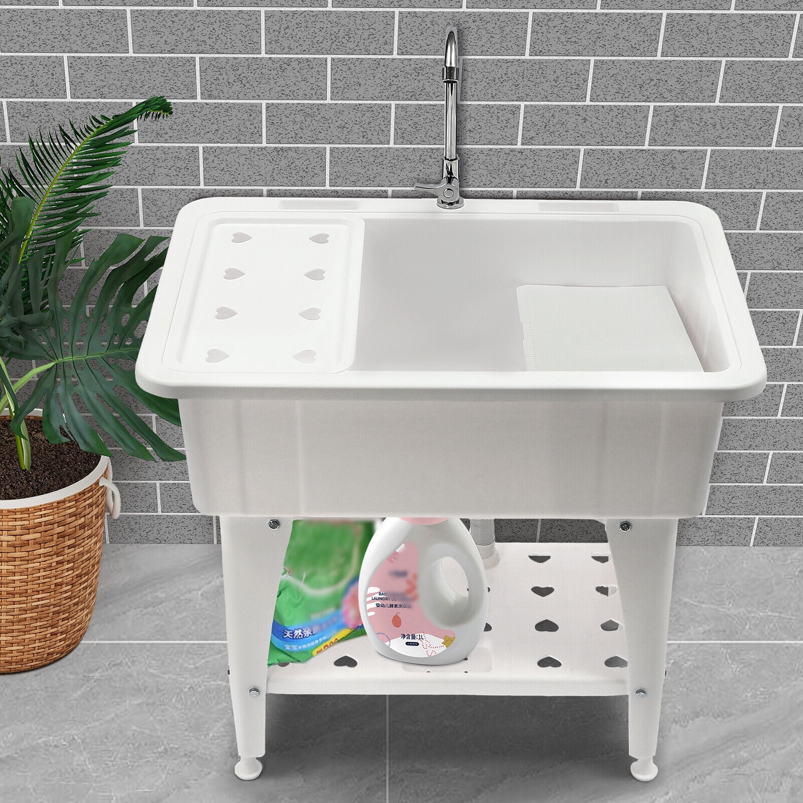 White Utility Sink Laundry Tub Freestanding Sink Wash Station w/ Faucet Home