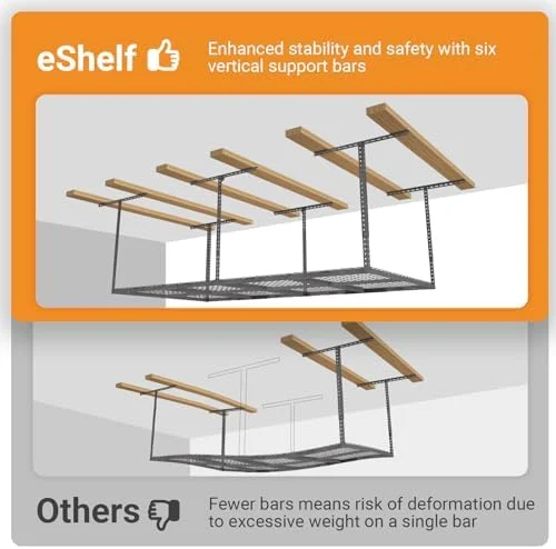 4ftx8ft Overhead Garage  Rack  Heavy-Duty Metal Garage Ceiling  Rack  22''-40" Adjustable Ceiling Drop-Down  600 lb. Loading Weight Capacity  Black