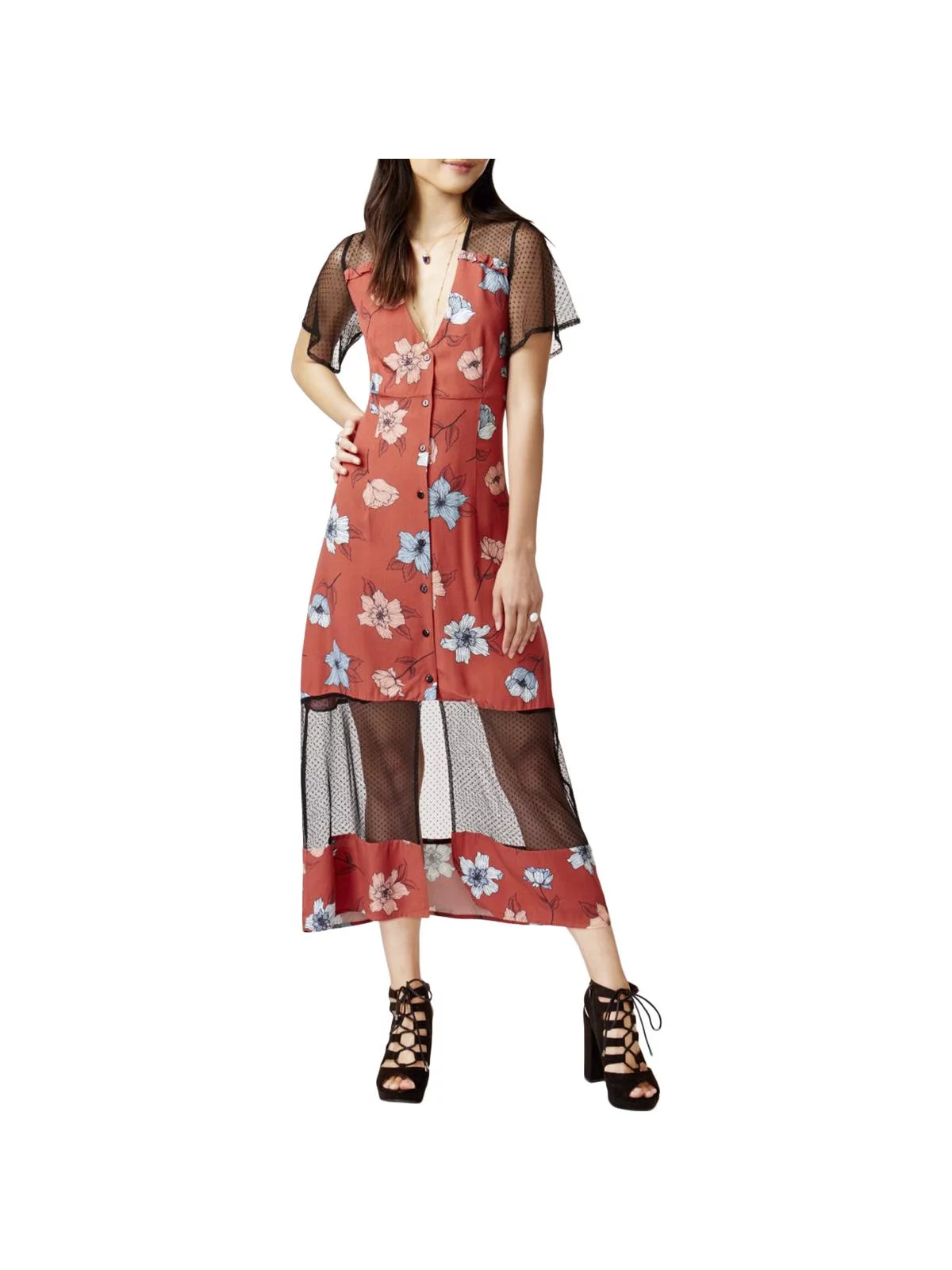 Minkpink Womens Mesh-Inset Floral Shirtdress