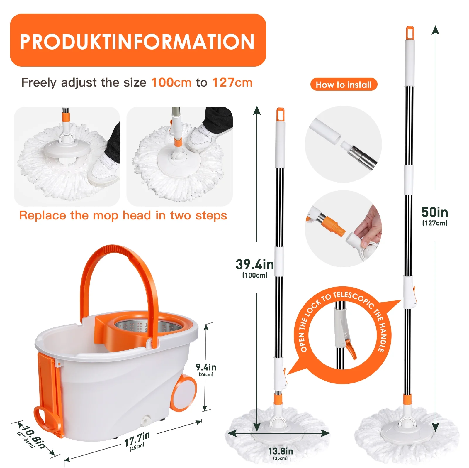 Masthome Handle Spin Mop and Bucket with Wringer Set for Floor Cleaning,6 Microfiber Mop Pads