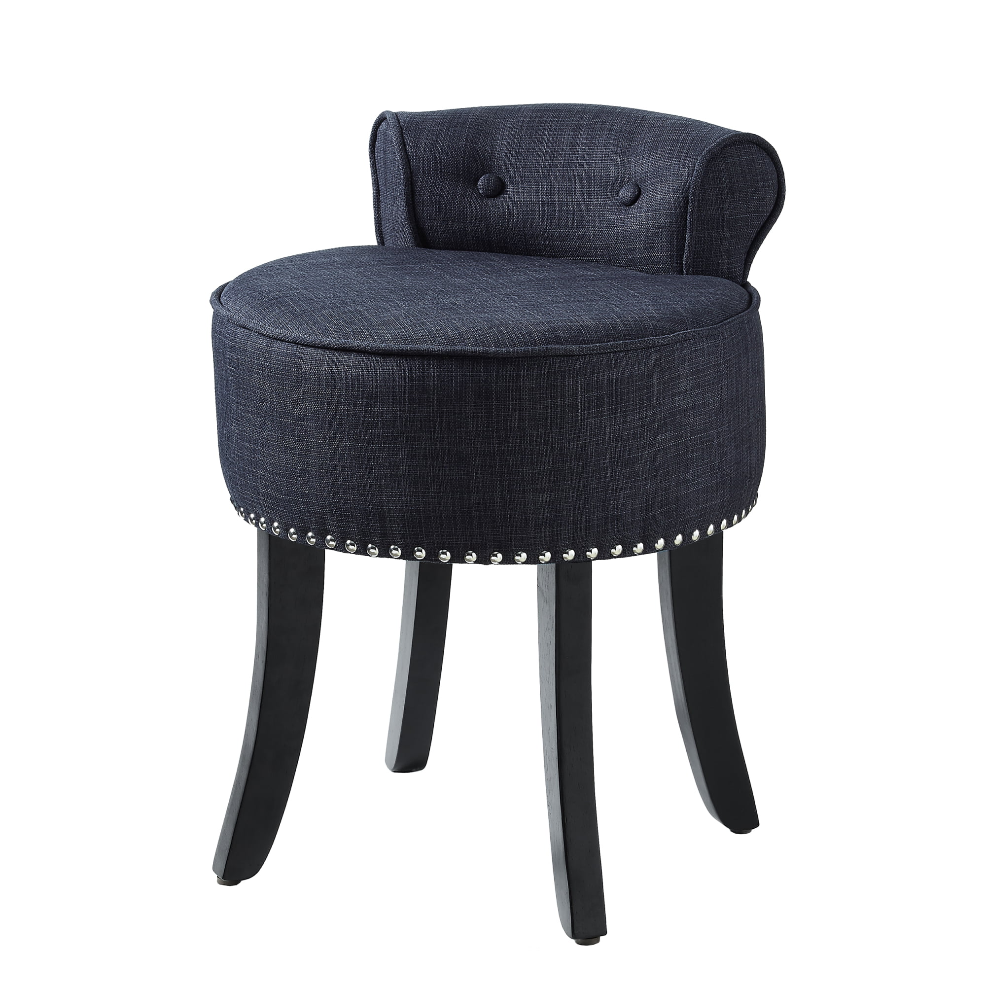 Inspired Home Jasper Linen Vanity Stool Nailhead Trim Rolled Back Bedroom, Dark Grey