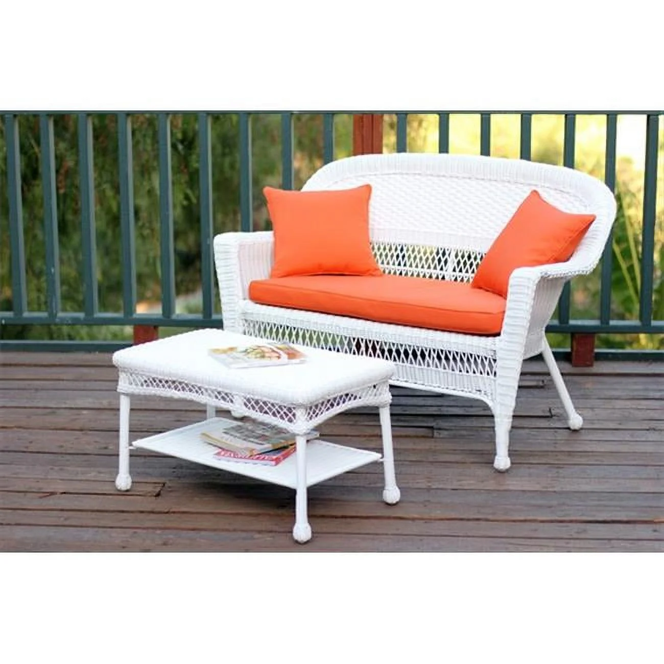 Jeco White Wicker Patio Love Seat And Coffee Table Set With Orange Cushion