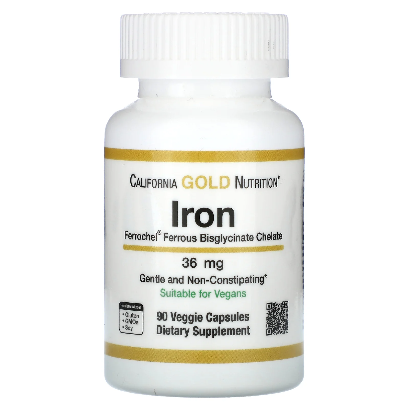 Ferrochel Iron, Ferrous Bisglycinate Chelate Form, Gentle on the Stomach, 36 mg, 90 Veggie Capsules