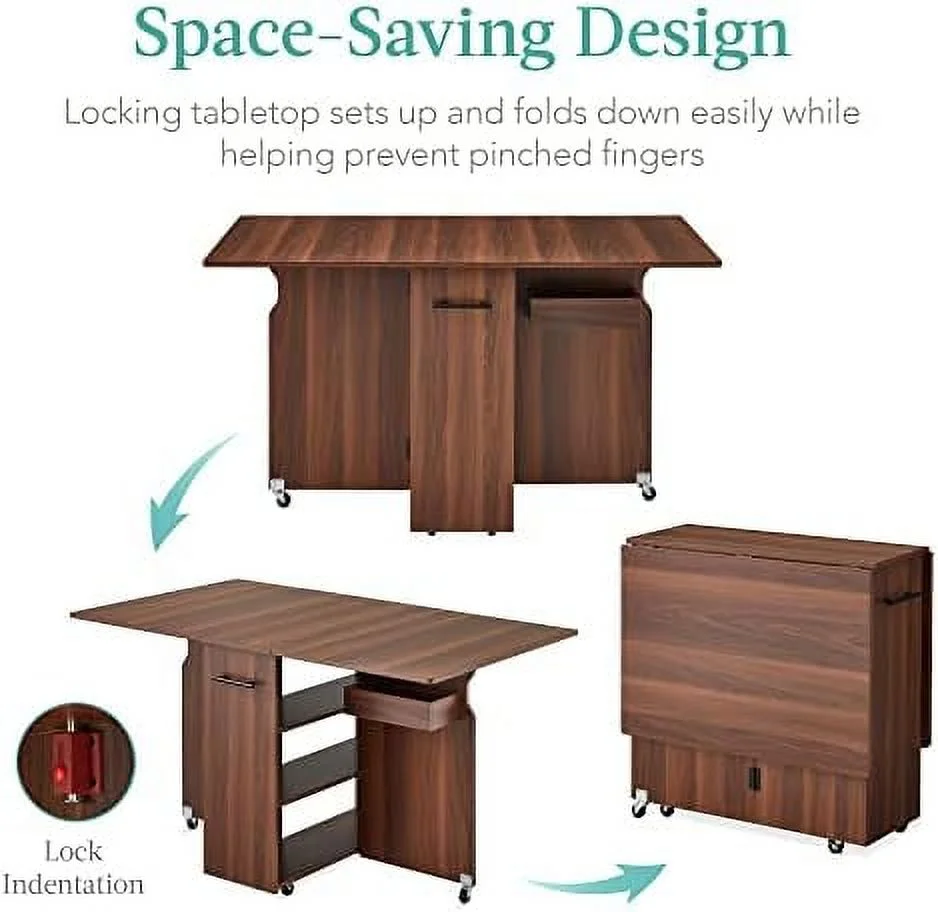 HYHBIBOOM Folding Dining Table  Multipurpose Collapsible Drop Leaf Extension  Versatile Space Saving Desk  w/Wheels  3  Shelves  Metal Handle - Brown