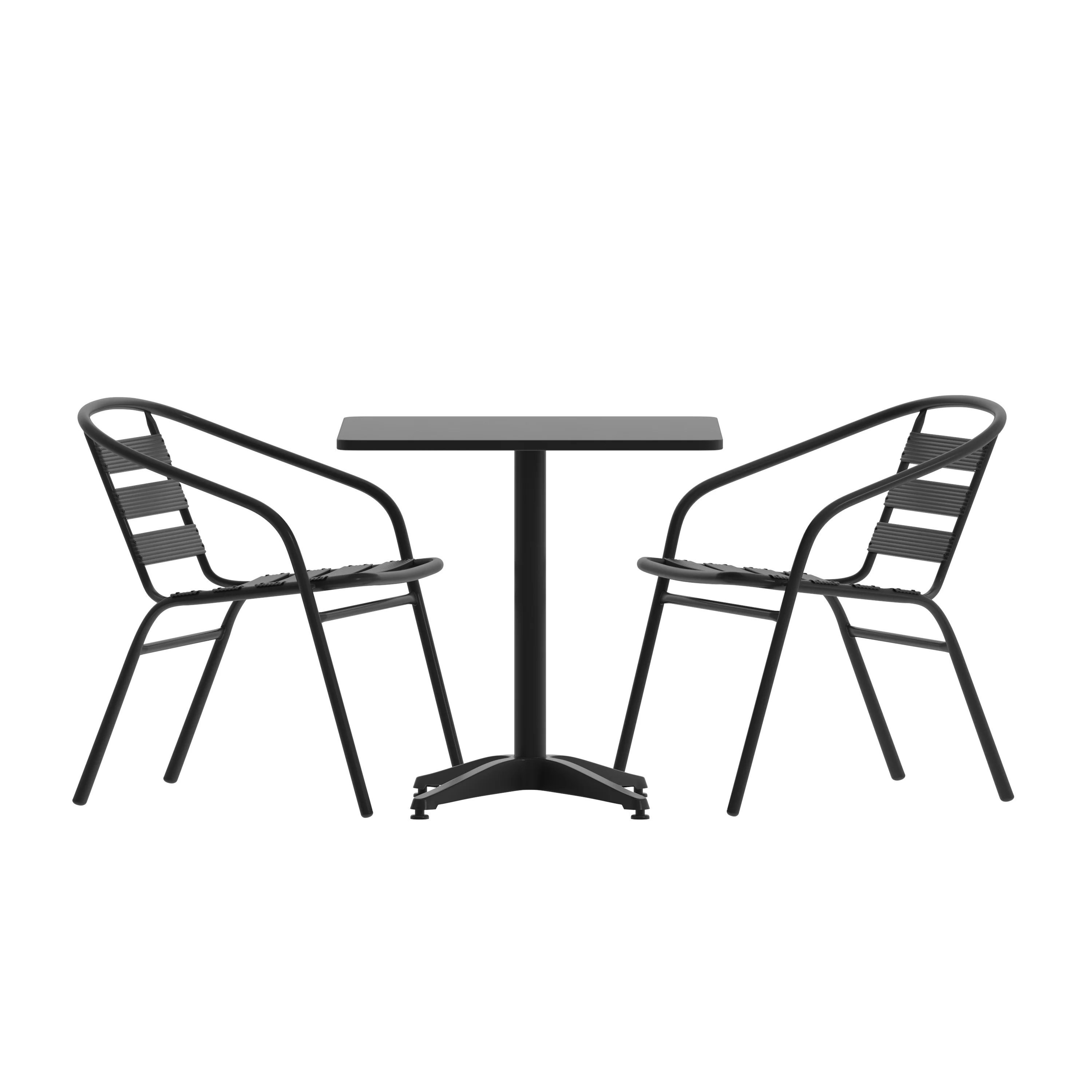BizChair 27.5'' Black Square Aluminum Indoor-Outdoor Table Set with 2 Black Slat Back Chairs
