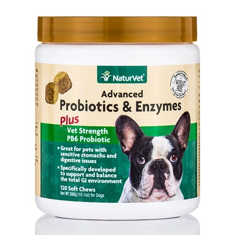 NaturVet Advanced Dog Probiotics & Enzymes, Vet Strength Gut Health Supplement, 120 Soft Chews
