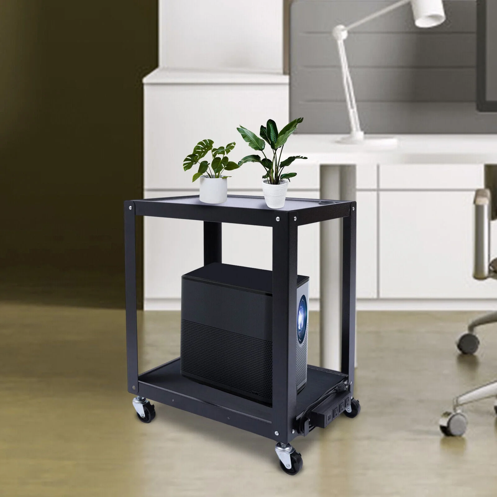 Steel Shelf Rolling Media AV Utility Cart w/Power Strip Presentation Cart 2 Tier