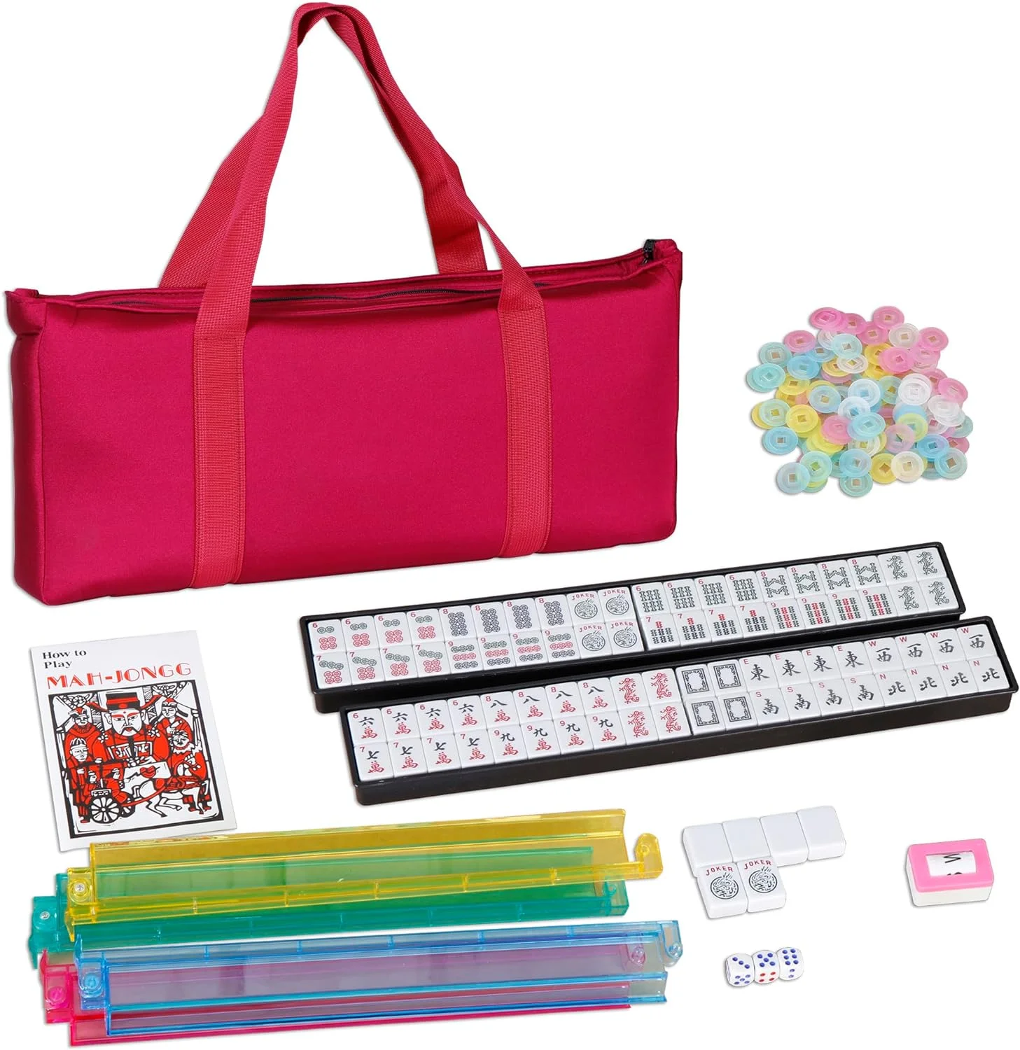American Mah Jongg Mahjong Set 166 Tiles, 4 Colors All-in-One Rack/Pushers, Red Paisley Soft Bag and Accessories –Classic Full Size Complete Mahjongg Mah Jong Set