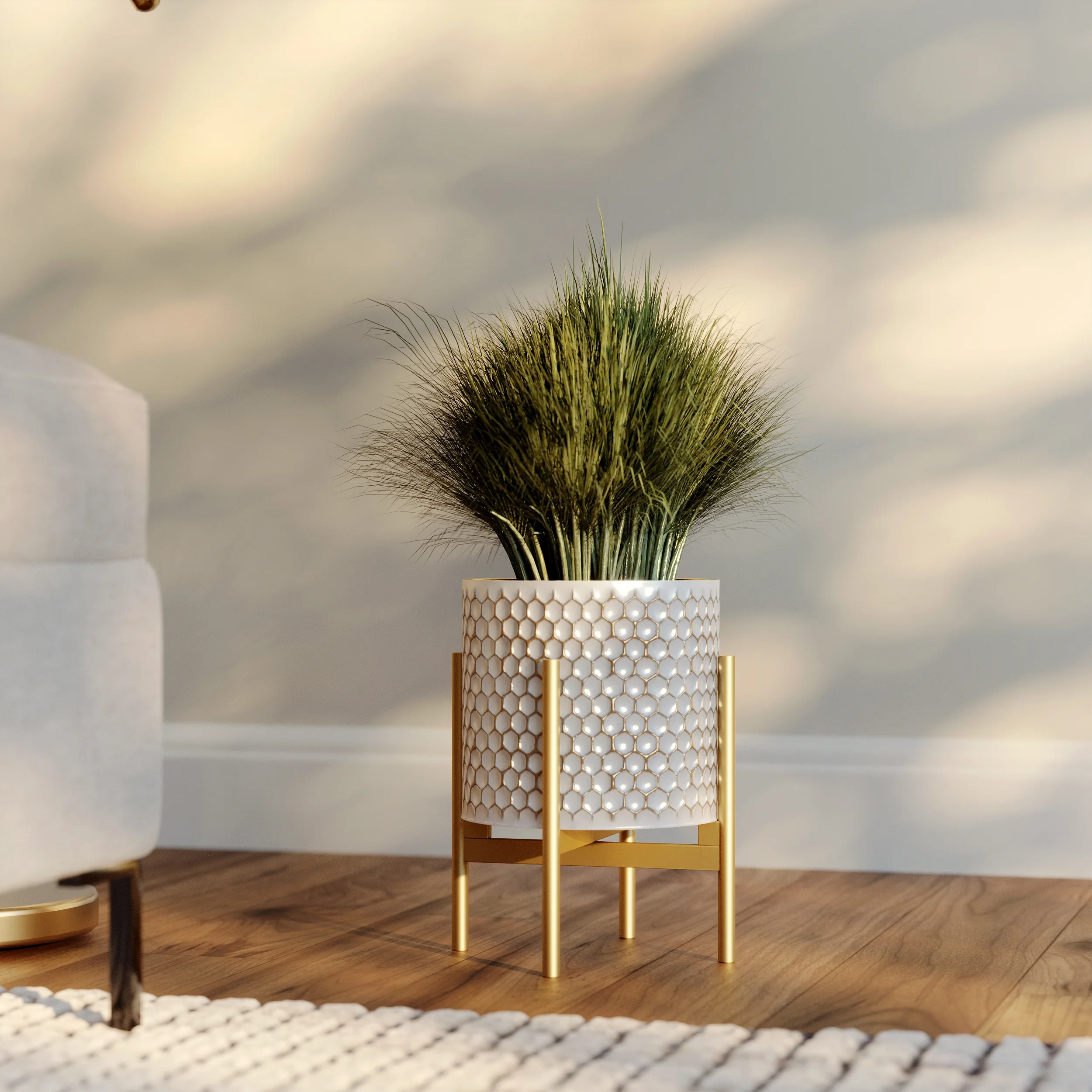 Honeycomb Mid-Century Modern Indoor Metal Pot Planter with 4-Leg Gold Metal Base - 9.5